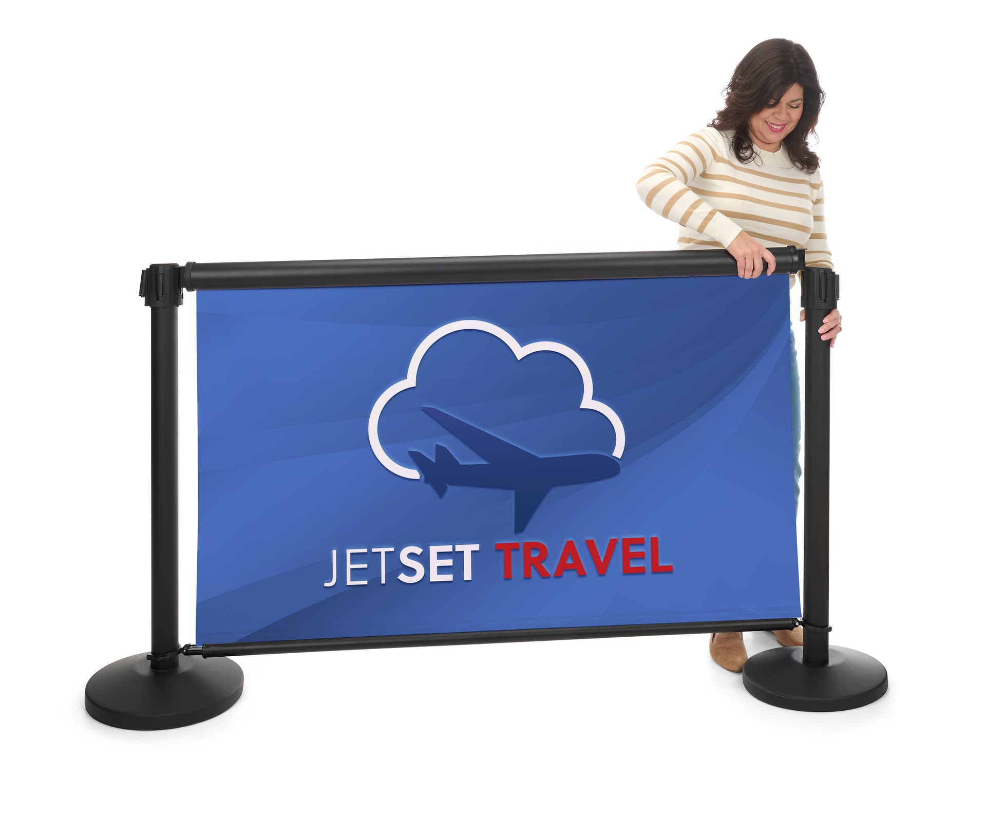 Double-sided retractable stanchion barrier with tool free assembly