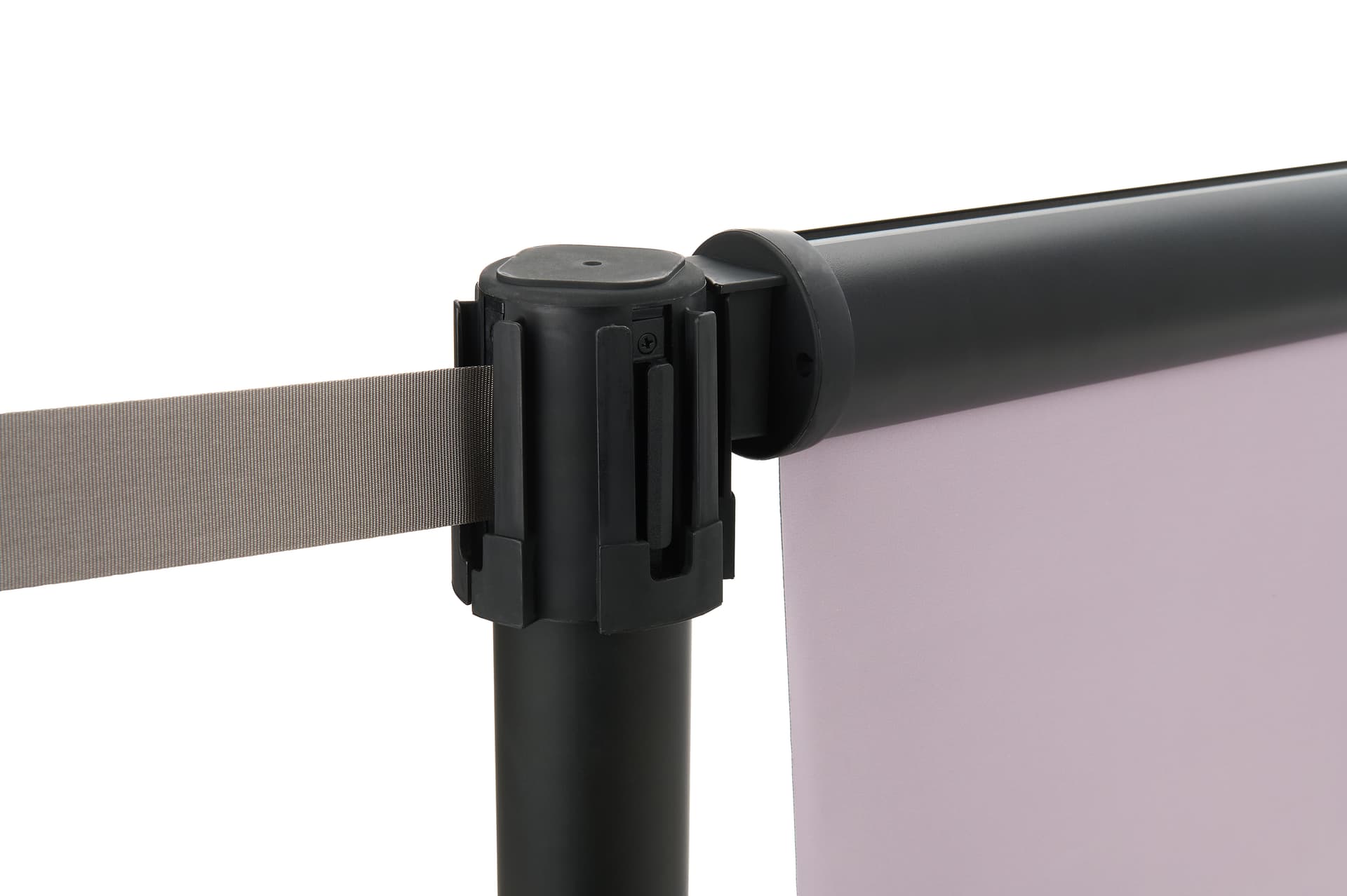 Double-sided retractable stanchion barrier with pole adapters that fit securely over most standard 2.5" diameter stanchions