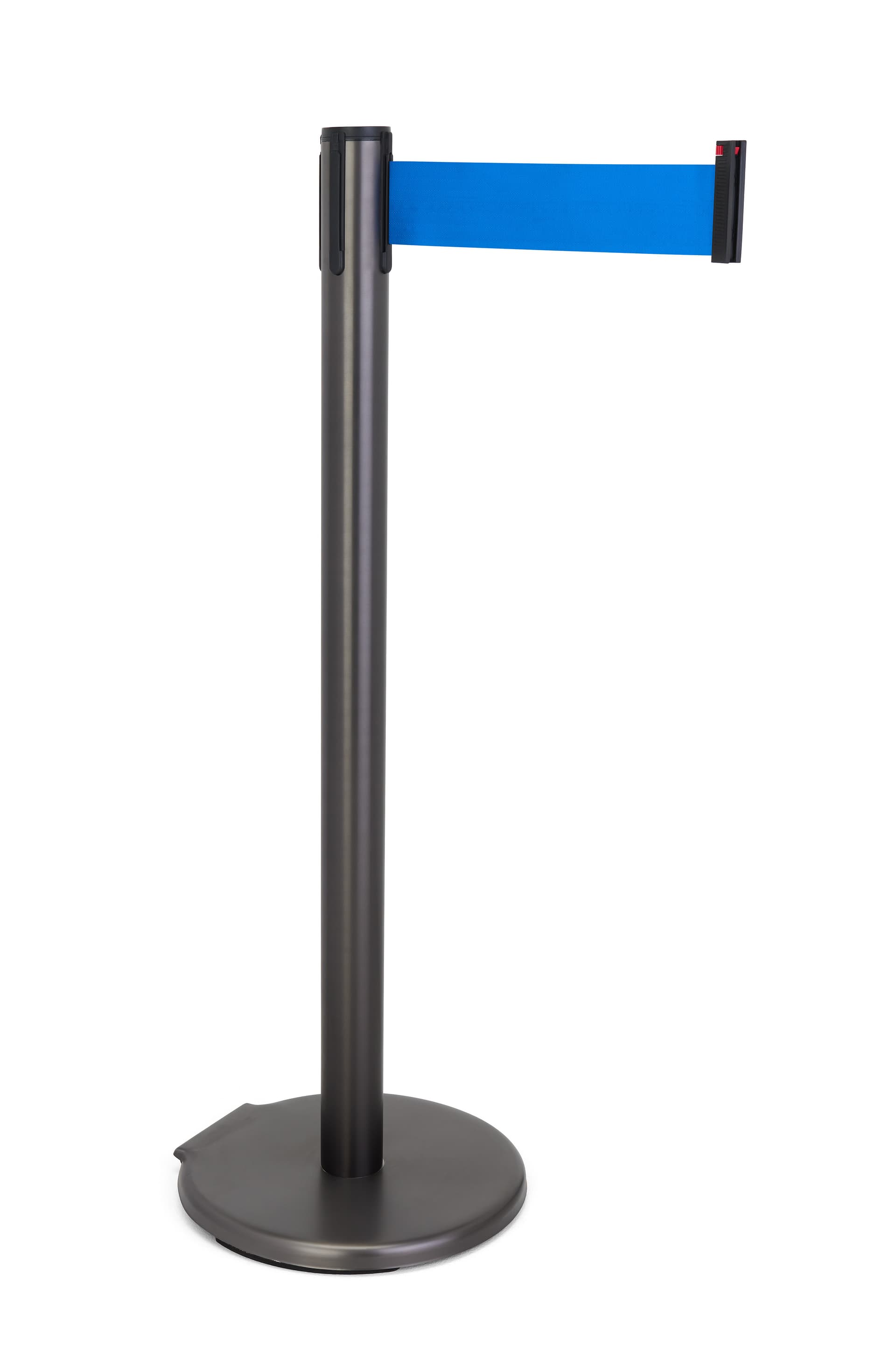 These retractable belt stanchions have a blue belt