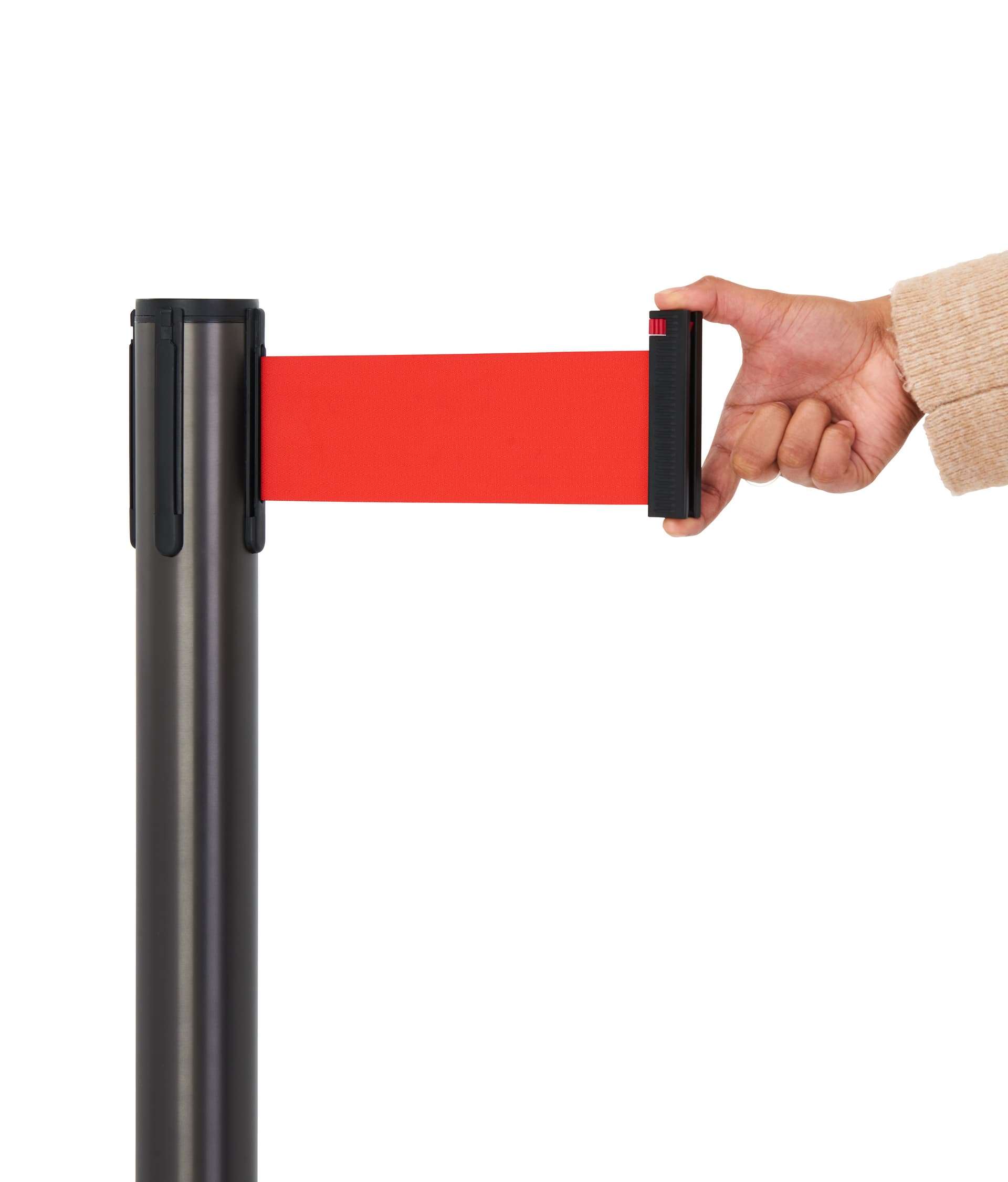 These retractable belt stanchions have a red nylon belt