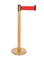 These retractable belt stanchions have red nylon fabric