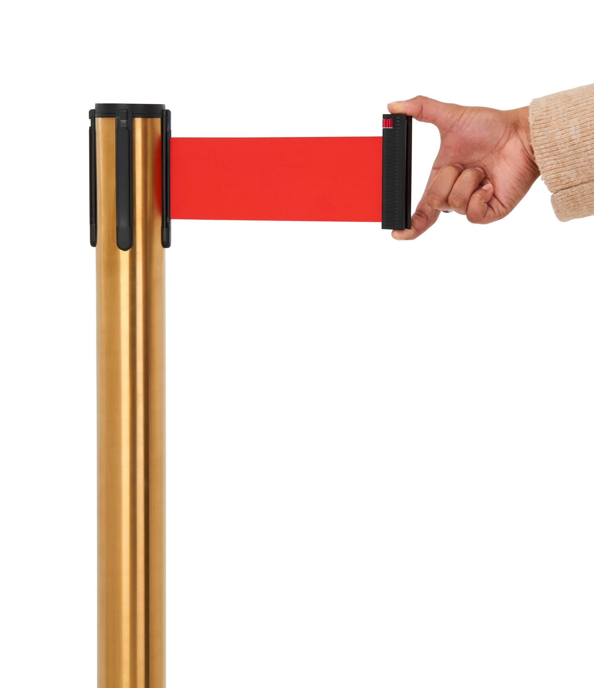 These retractable belt stanchions have a belts with an overall width of 3 inches