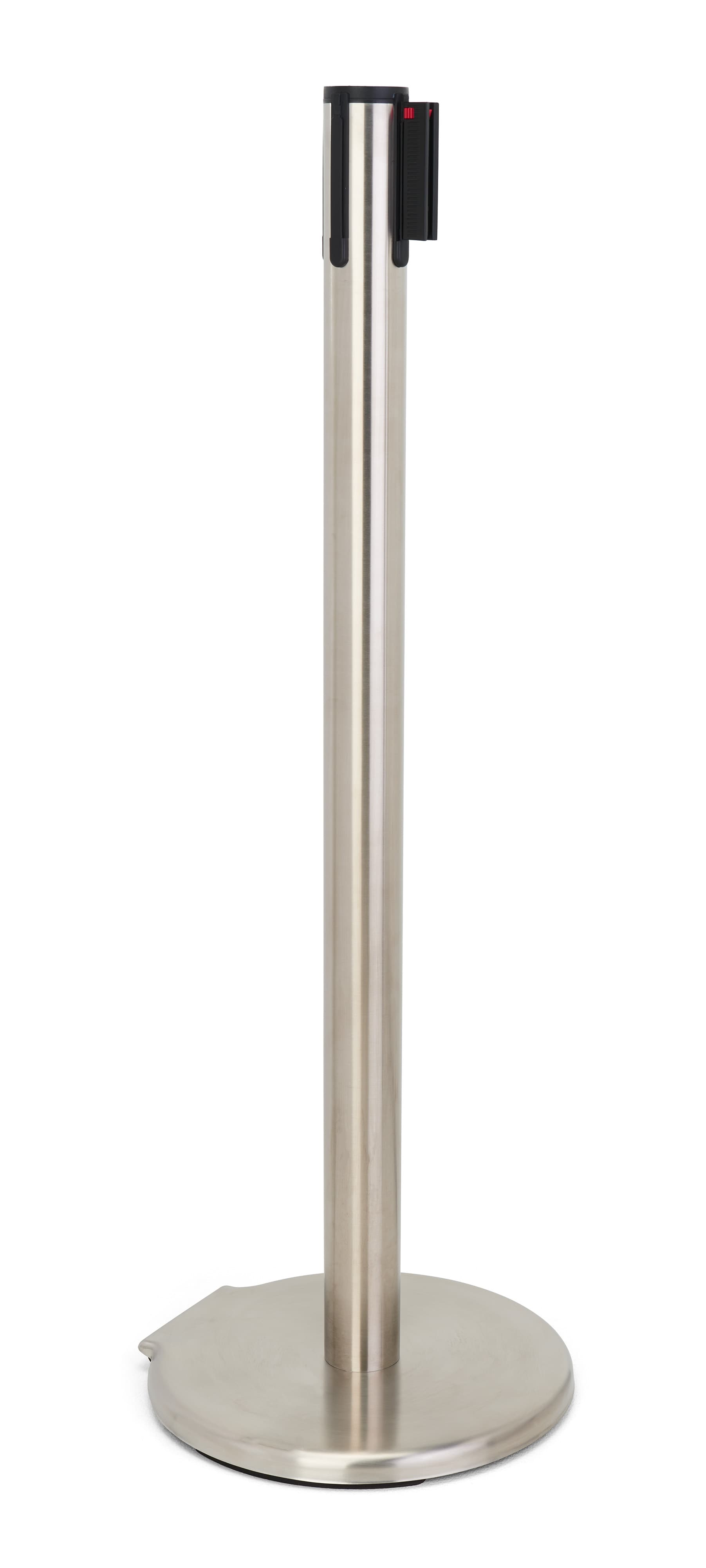 These retractable belt stanchions are made of iron and stainless steel