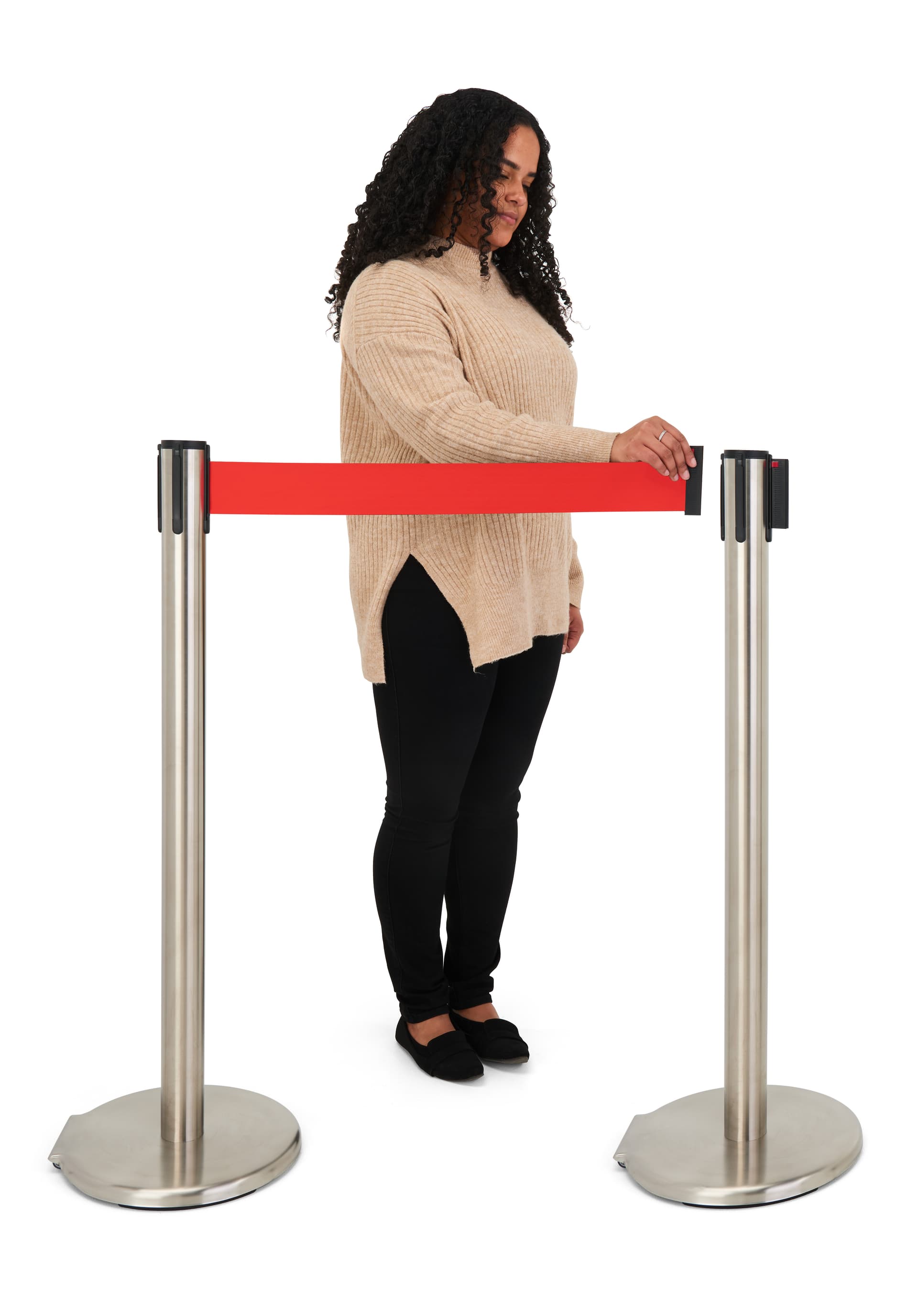 These retractable belt stanchions include 10 feet of nylon material 