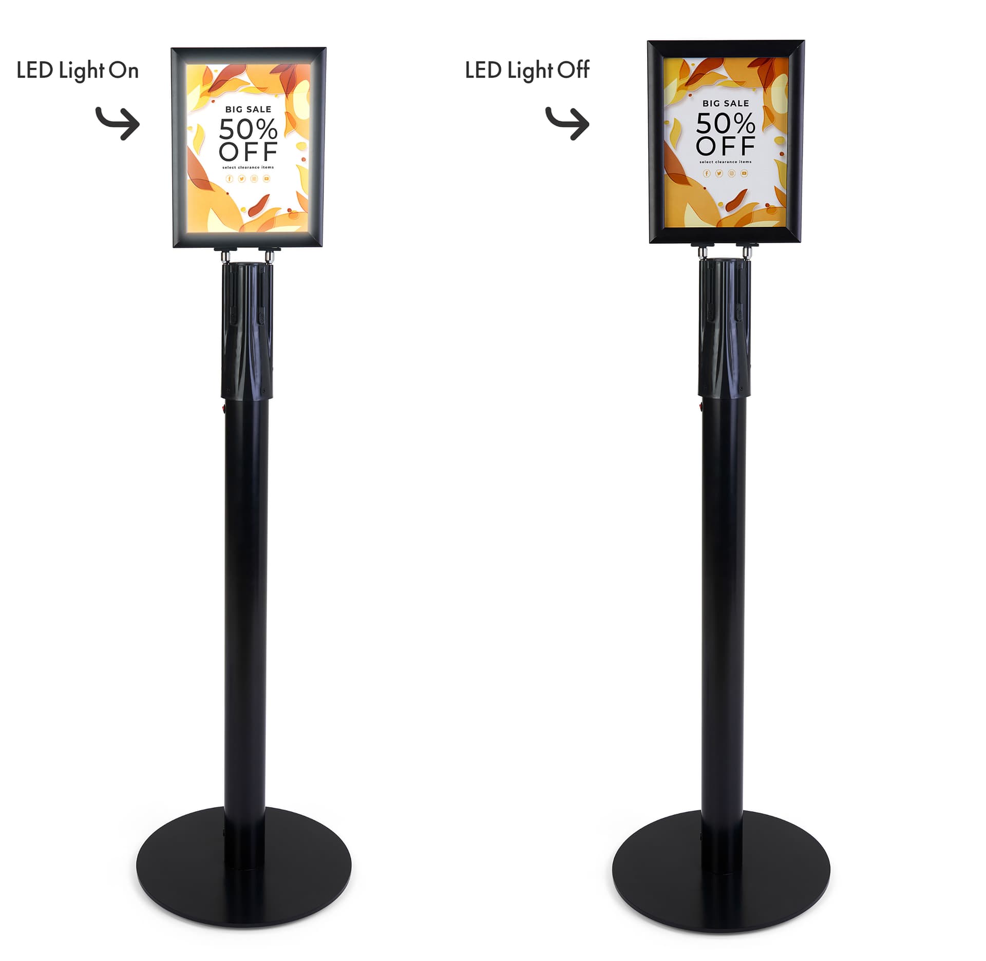 Stanchion with LED sign holder can easily turn on and off 