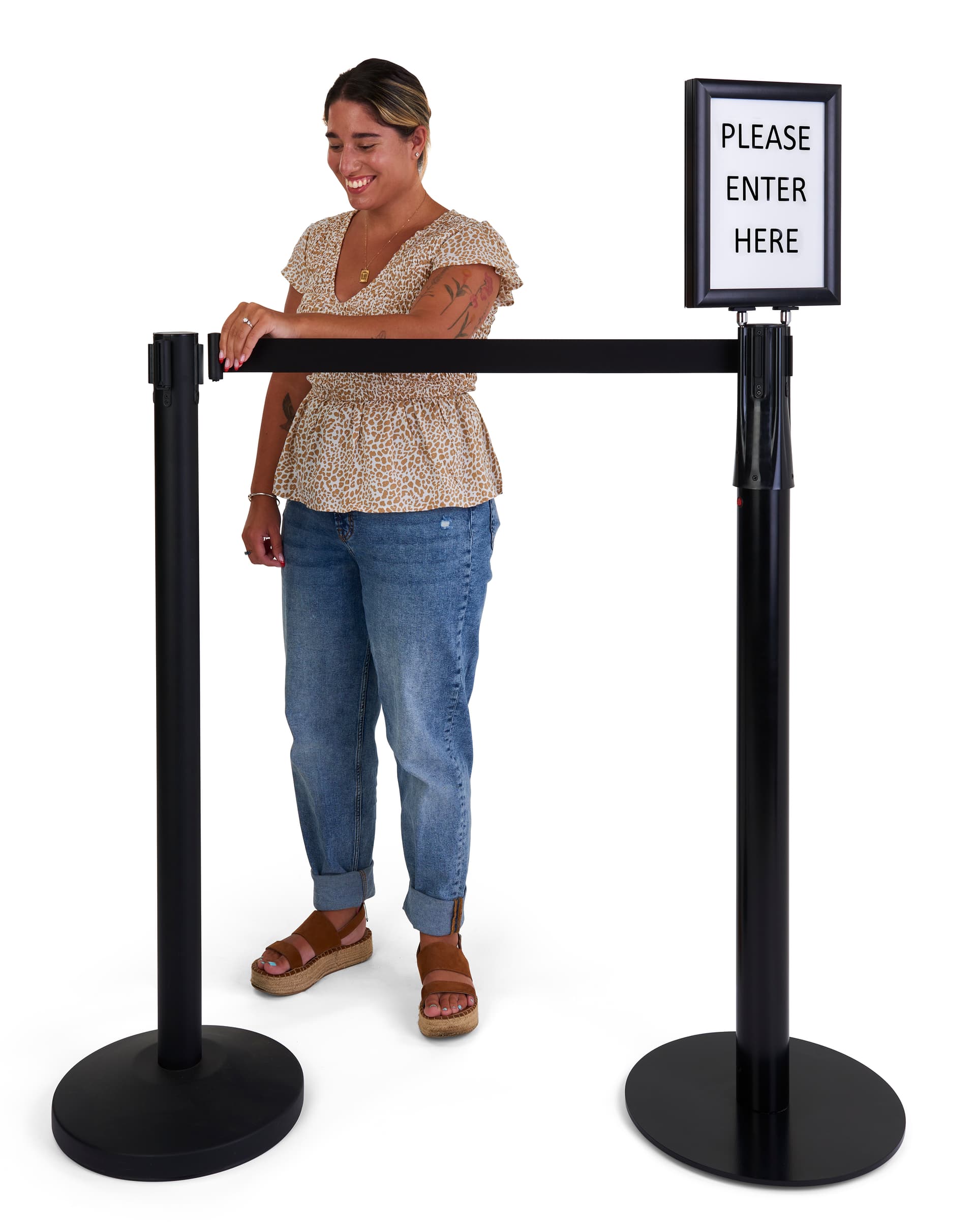 Stanchion with LED sign holder has a retractable belt 