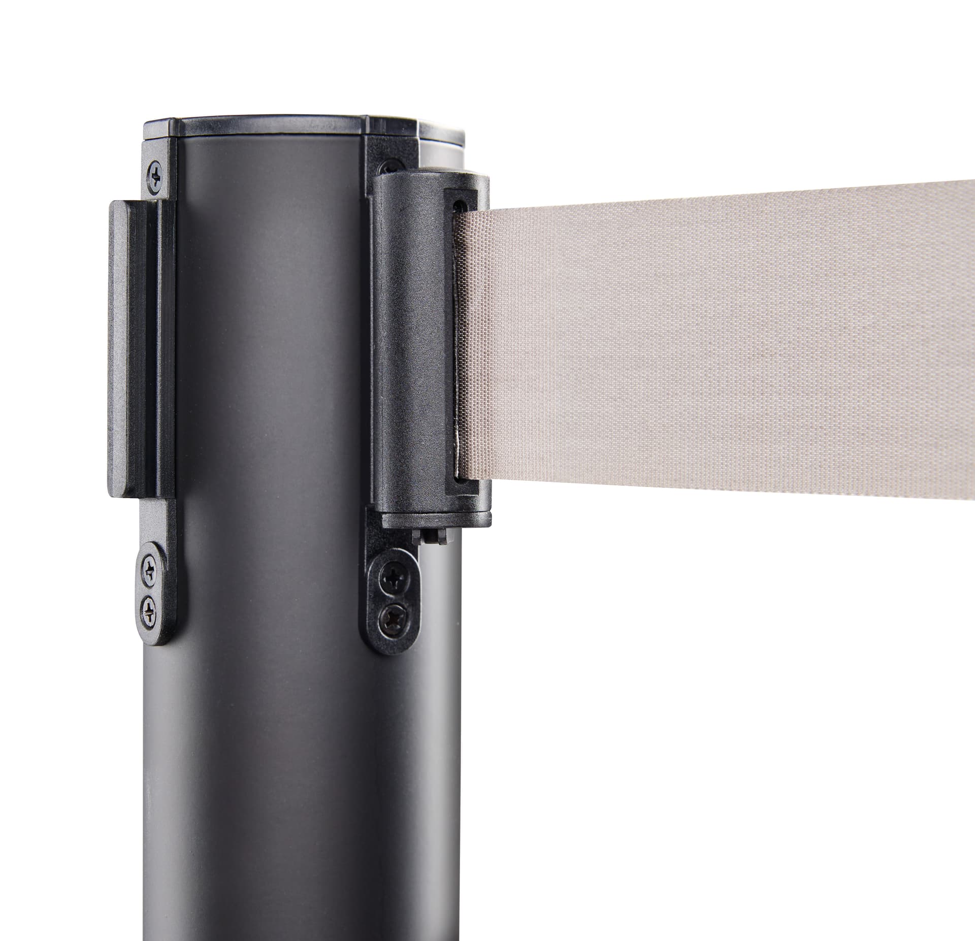 Retractable barrier post with 6' 7" retractable gray belt