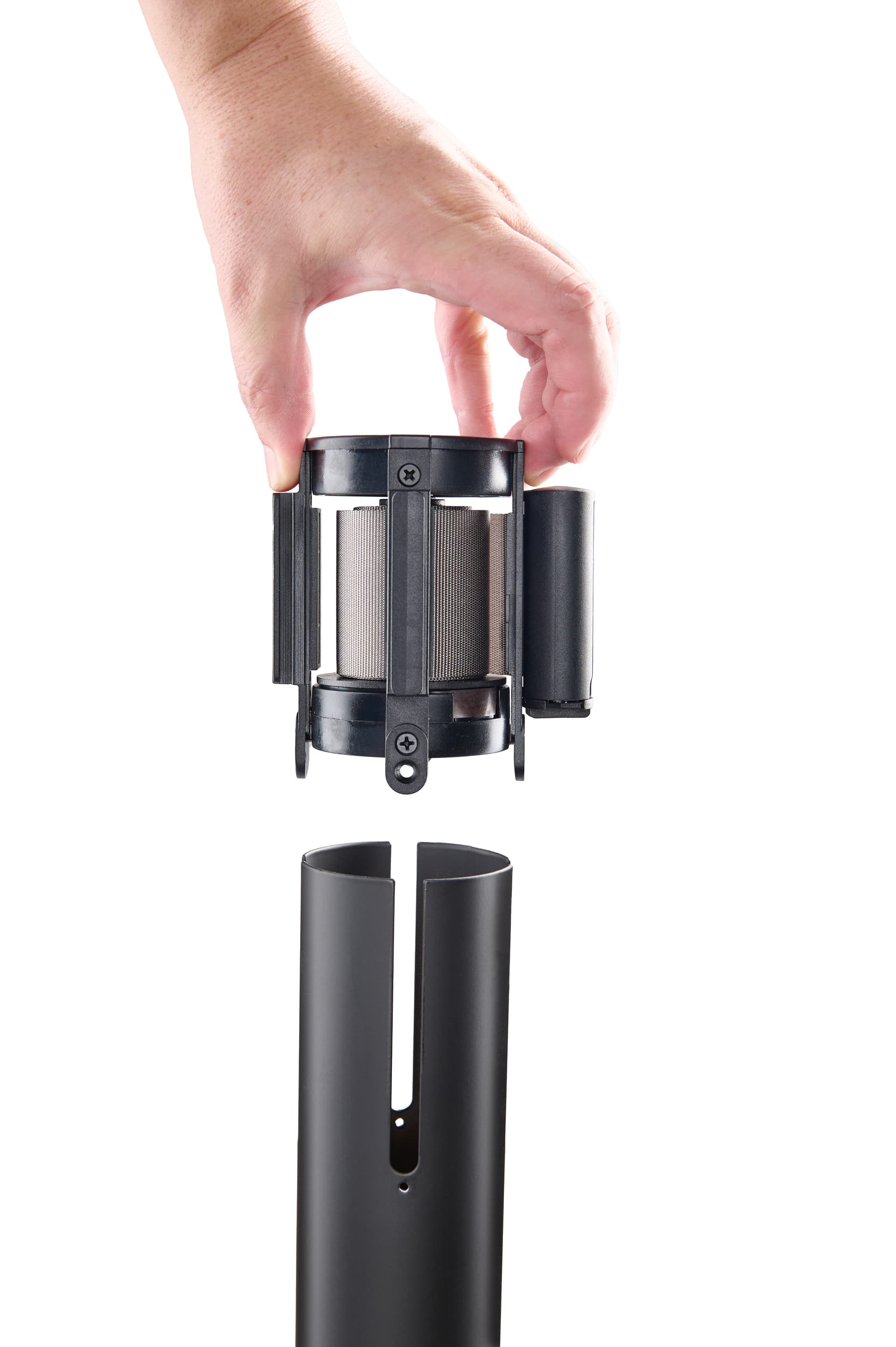Retractable barrier post cartridge easily inserts into stanchion post