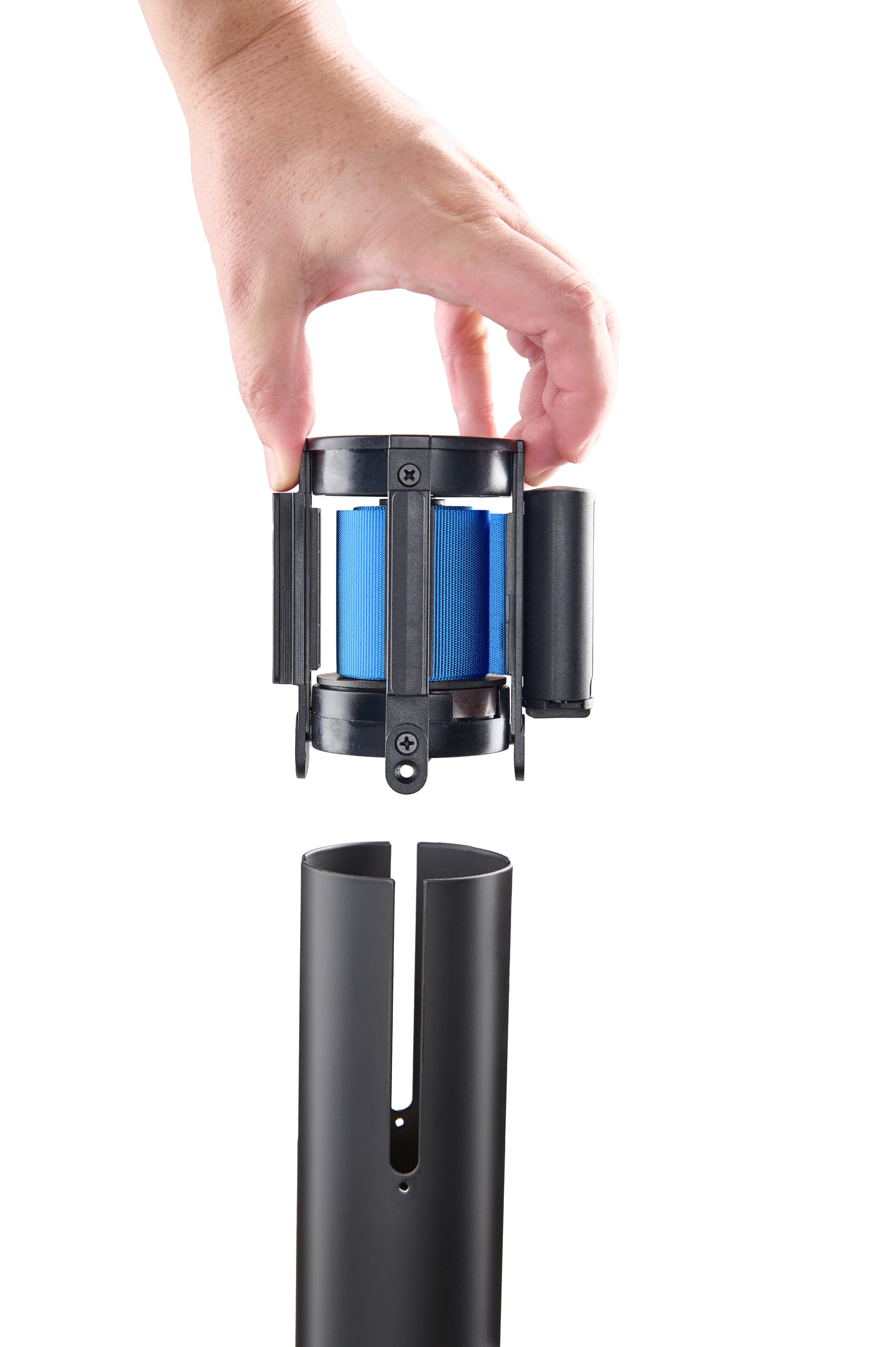 Crowd control stanchion with blue retractable belt