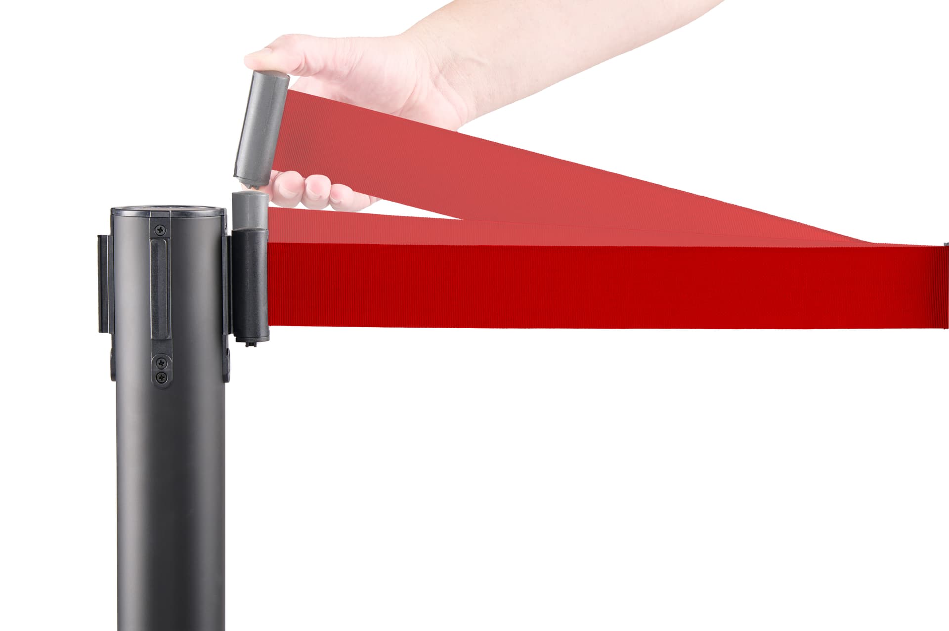Red retractable belt barrier with an expandable band adaptor