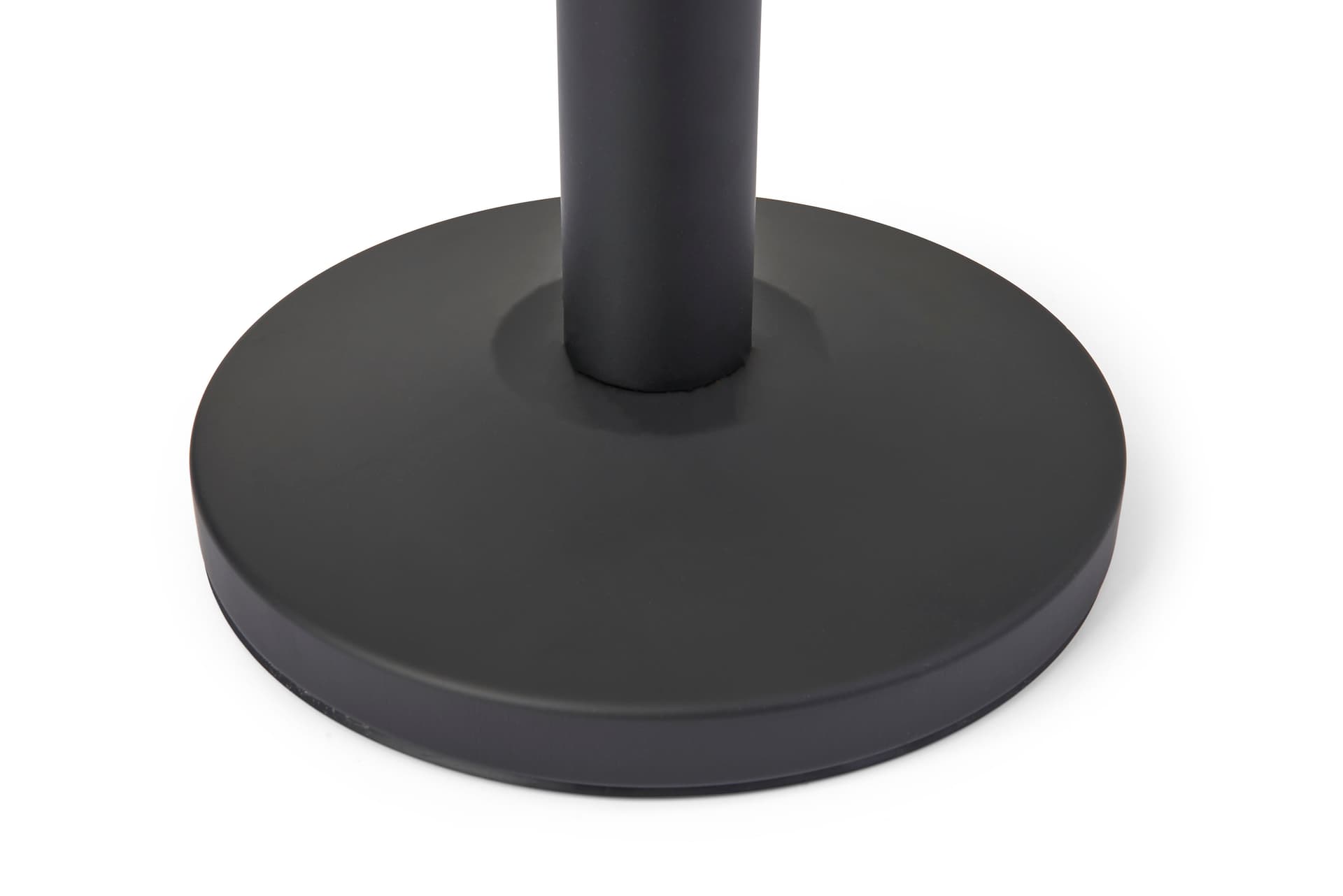 Red retractable belt barrier with a weighted round base