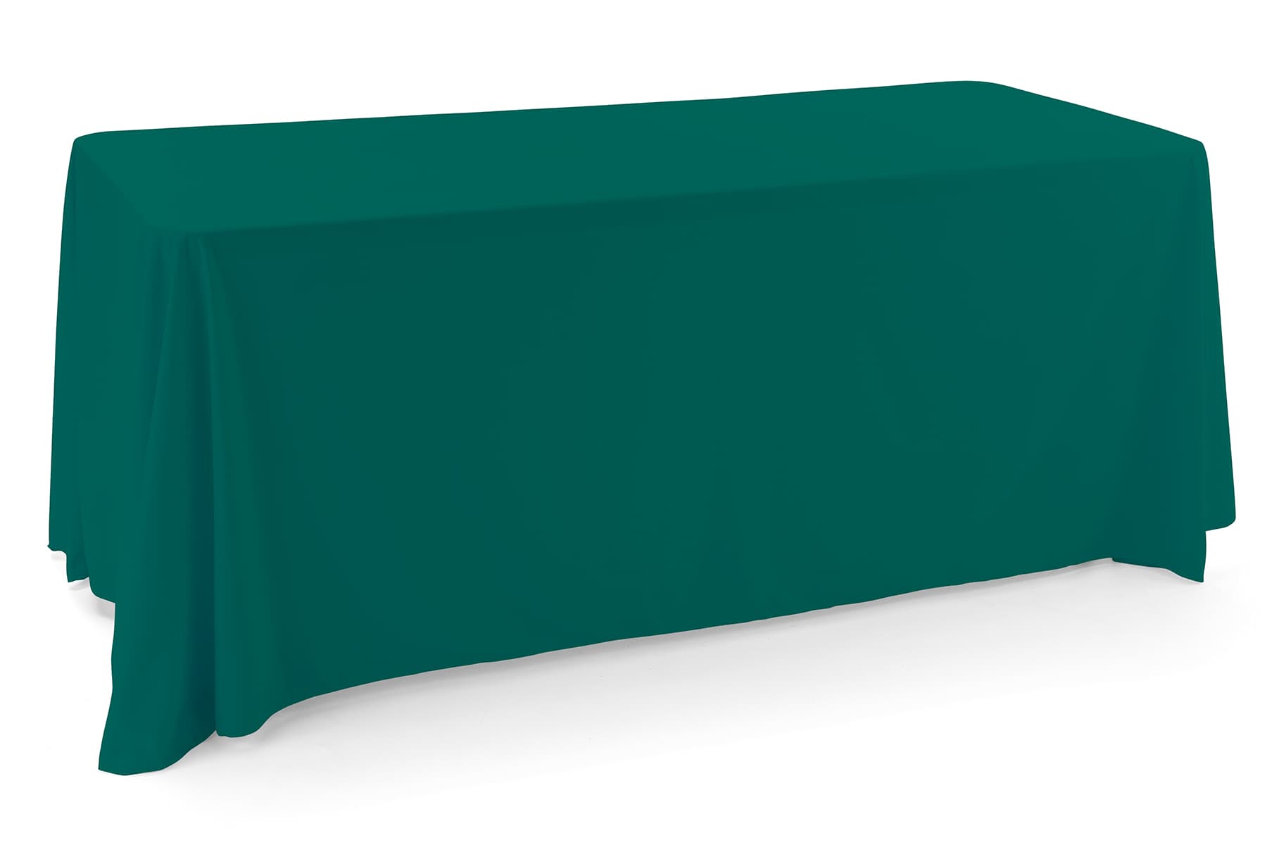 Green polyester table cover with an elegant draping display 
