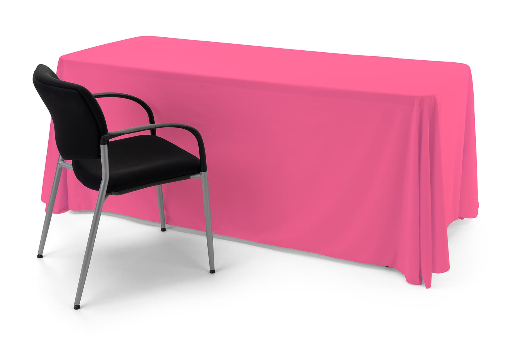 Pink polyester table cover with draping display 