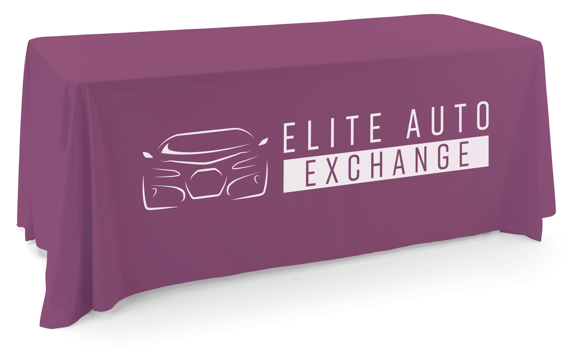 This purple single sided custom table throw has vinyl imprinting