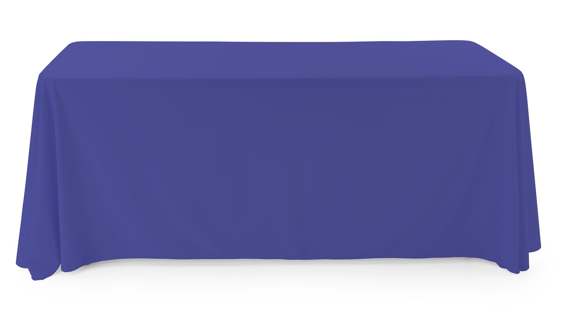 Blue polyester table cover with overlock stitching to prevent fraying 