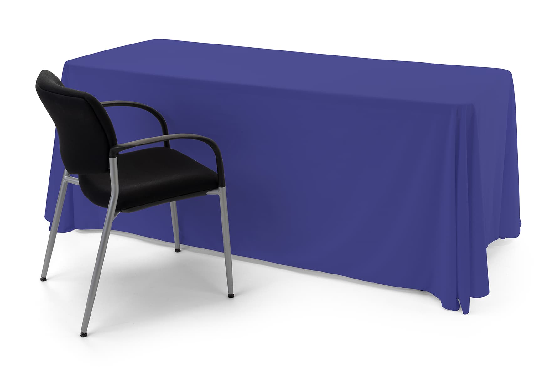 Blue polyester table cover with sewn-in corners for a smooth presentation 