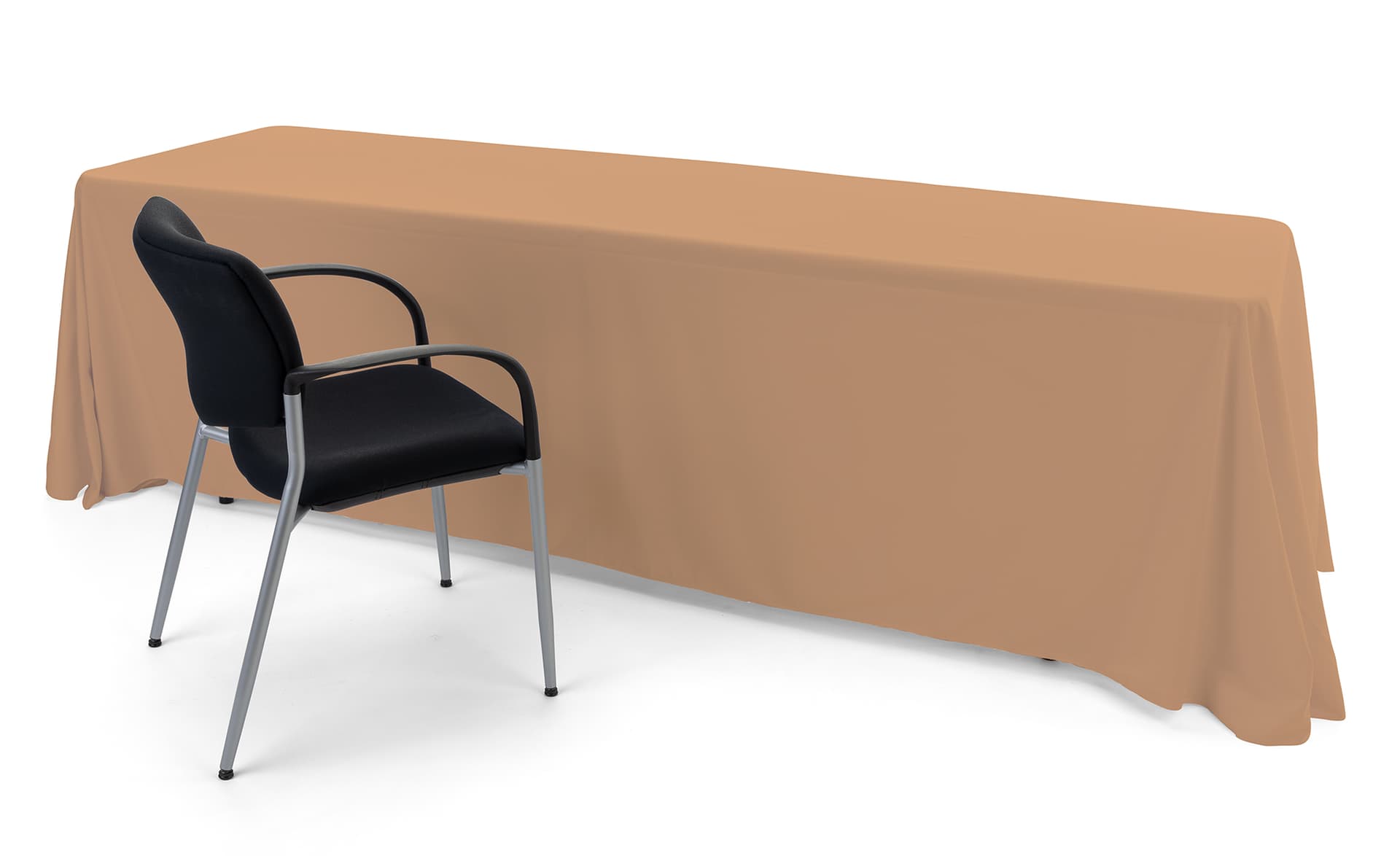 Beige polyester table cover is certified flame retardant 
