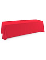 Red polyester table cover with a sleek draping design 