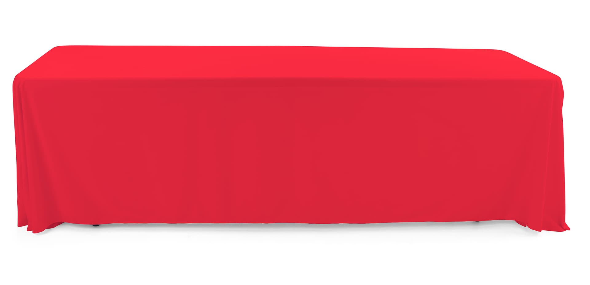Red polyester table cover with overlock stitching 