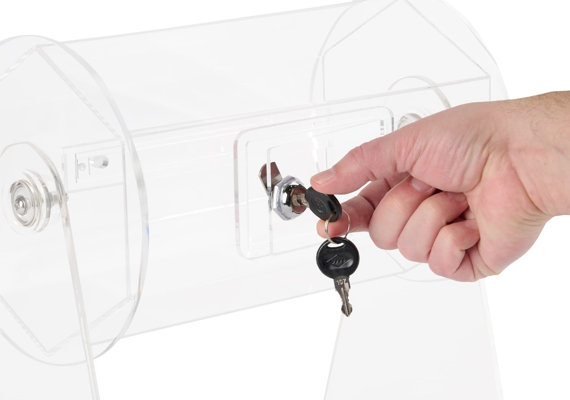 Raffle drum with a locking door and set of keys