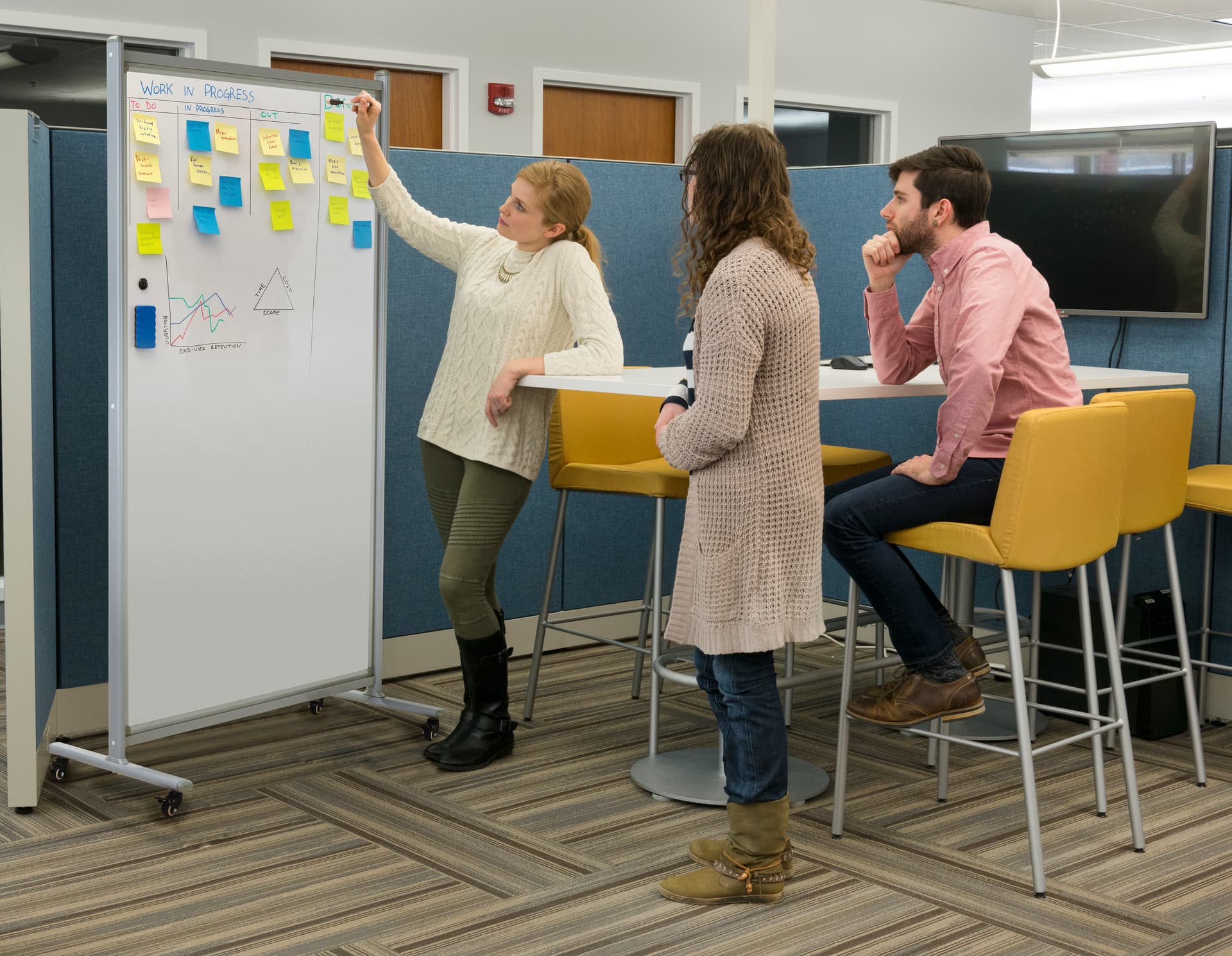 Dry erase rolling room divider with double-sided display 