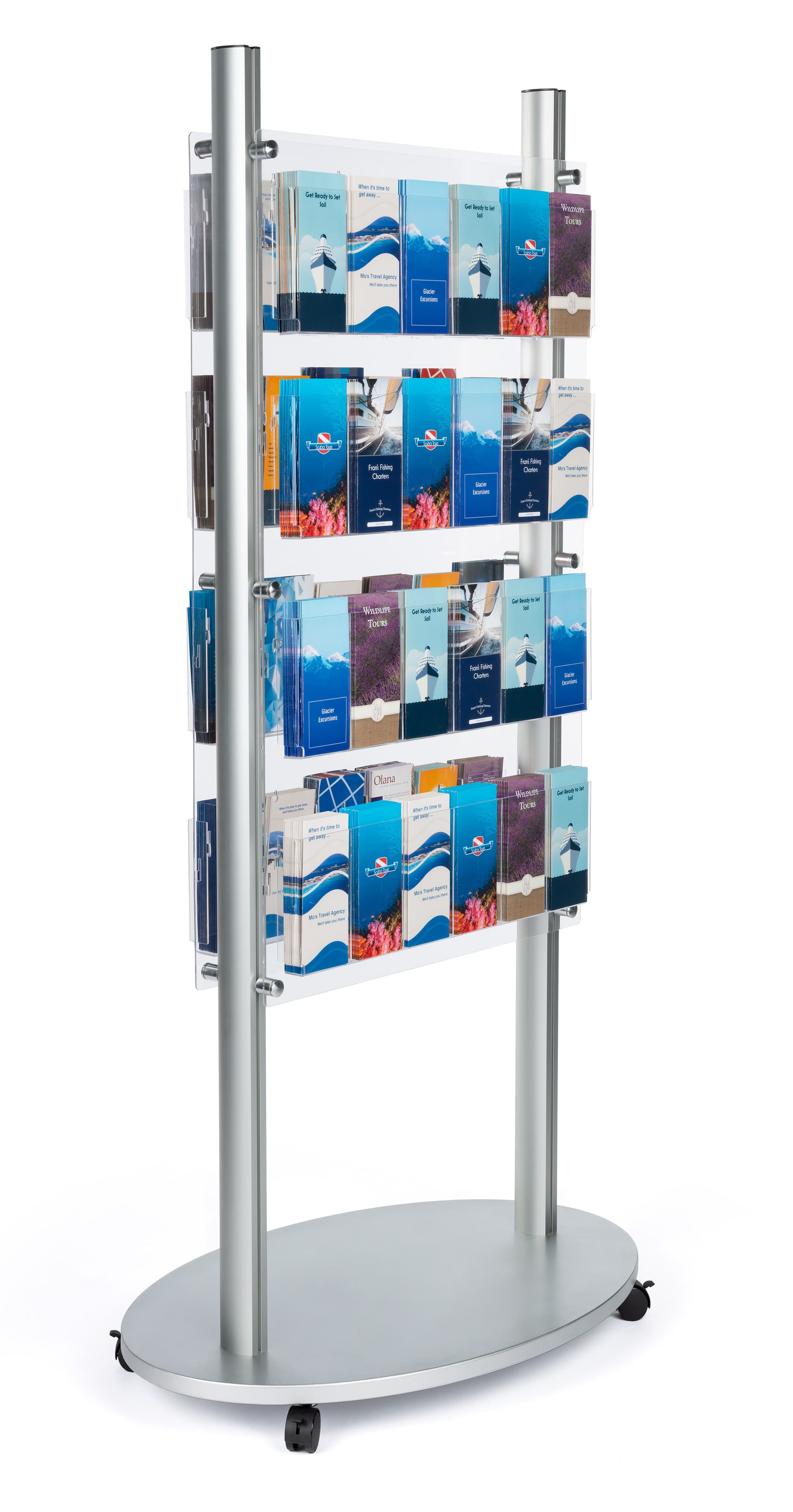 Adjustable acrylic floor brochure display stand for a variety of literature sizes