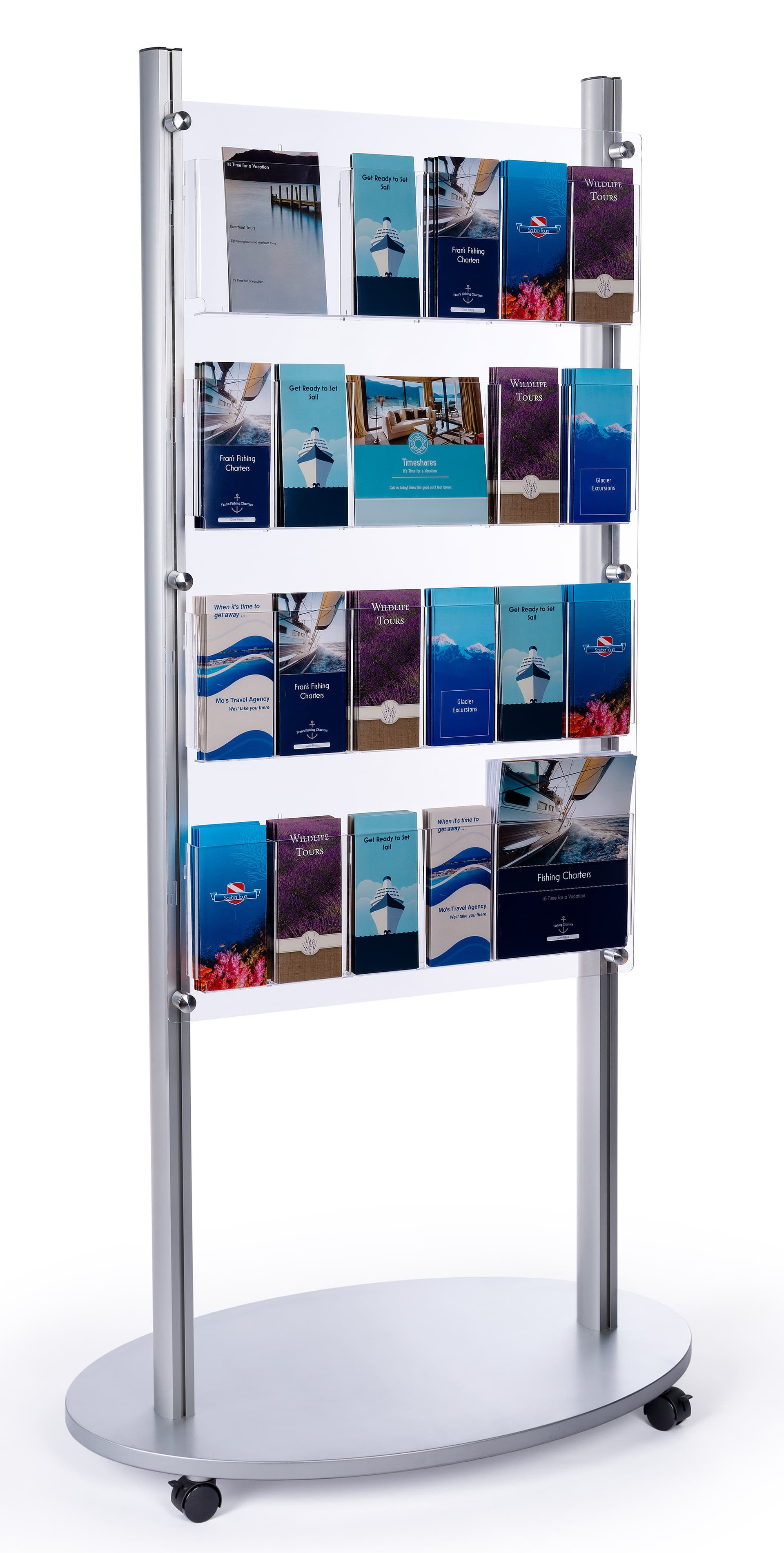 Adjustable 4-tier floor magazine stand with silver base