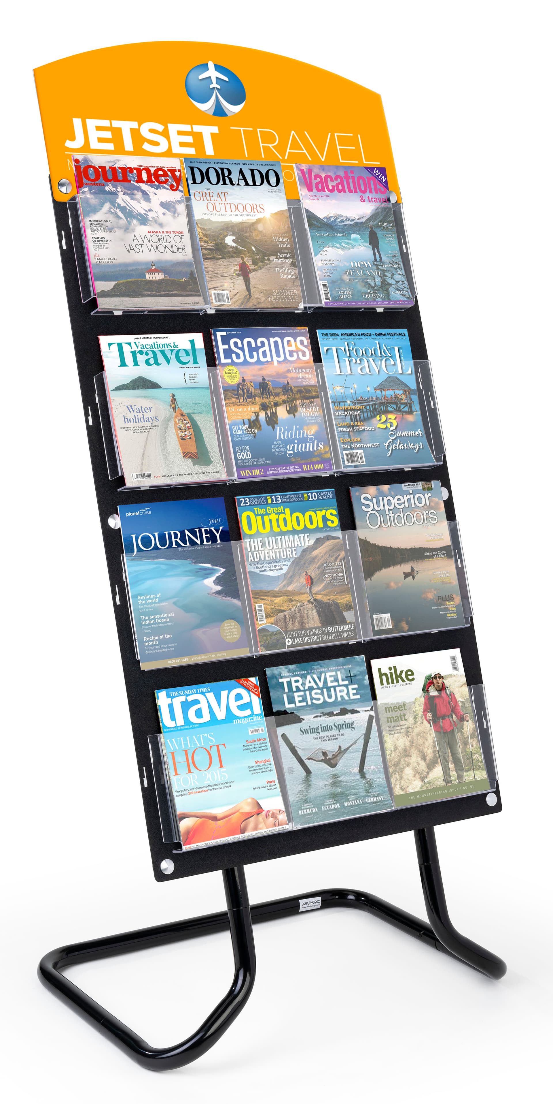 Custom display sign header for acrylic literature holders with 12 pocket dividers for magazines 