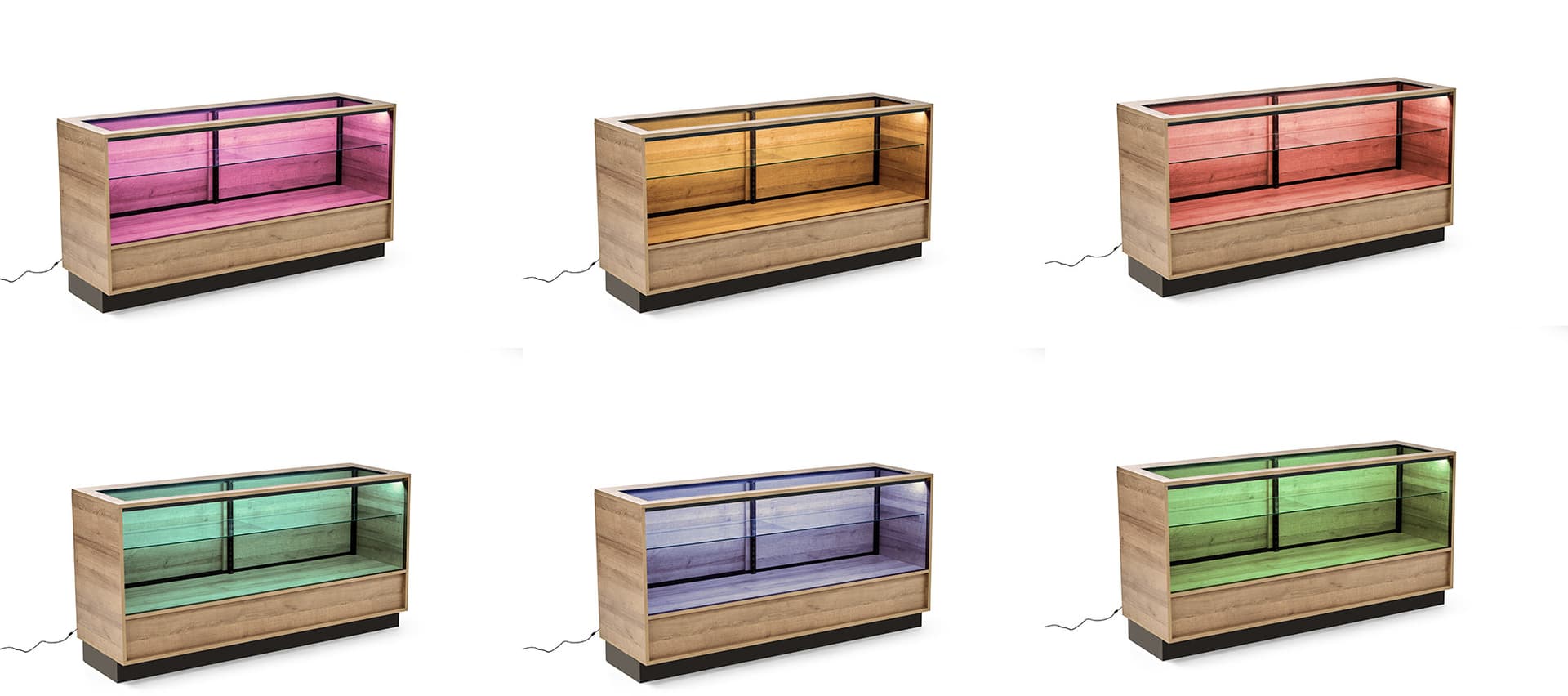 Wooden display showcase with color changing LED lights