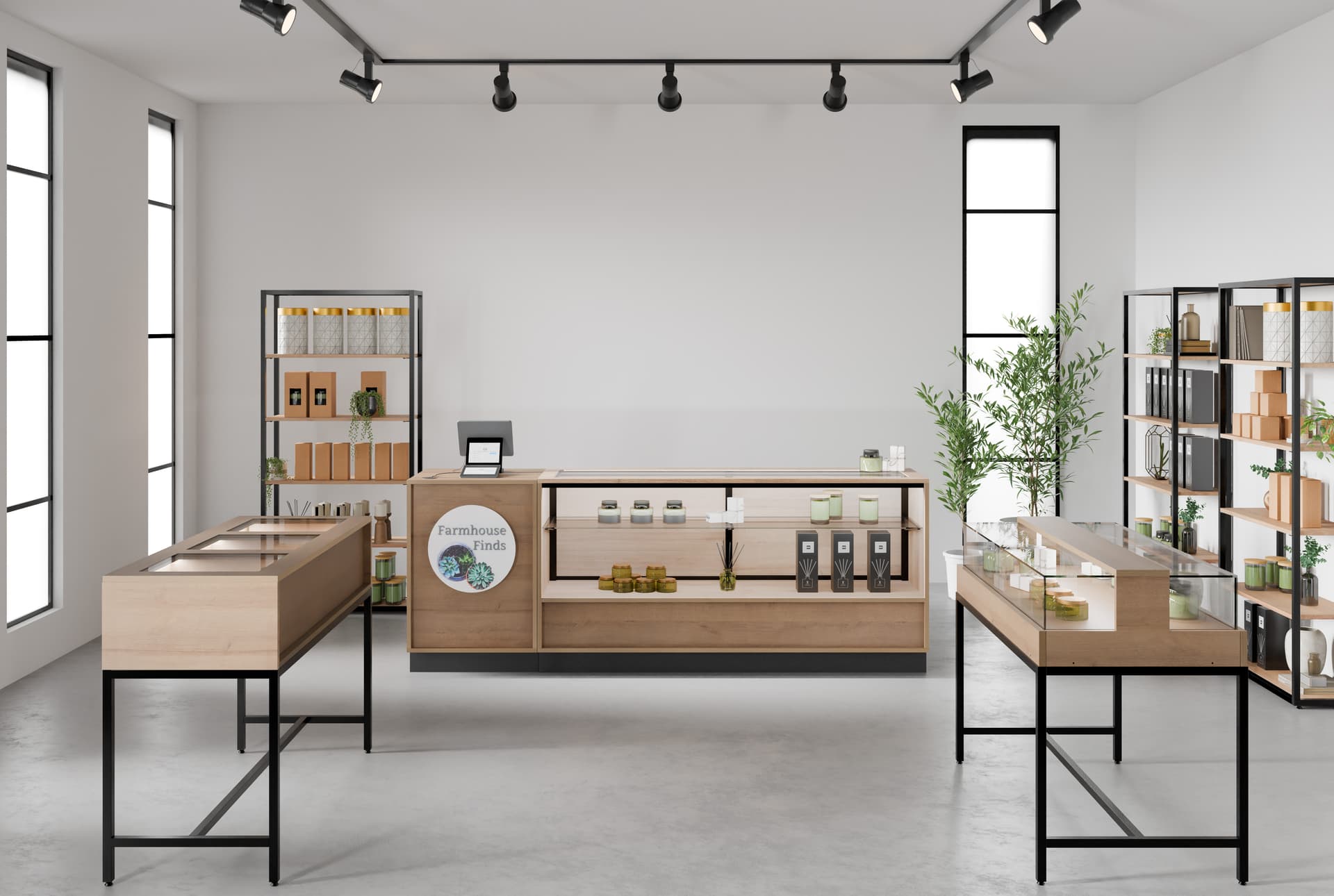Wooden display showcase in retail environment