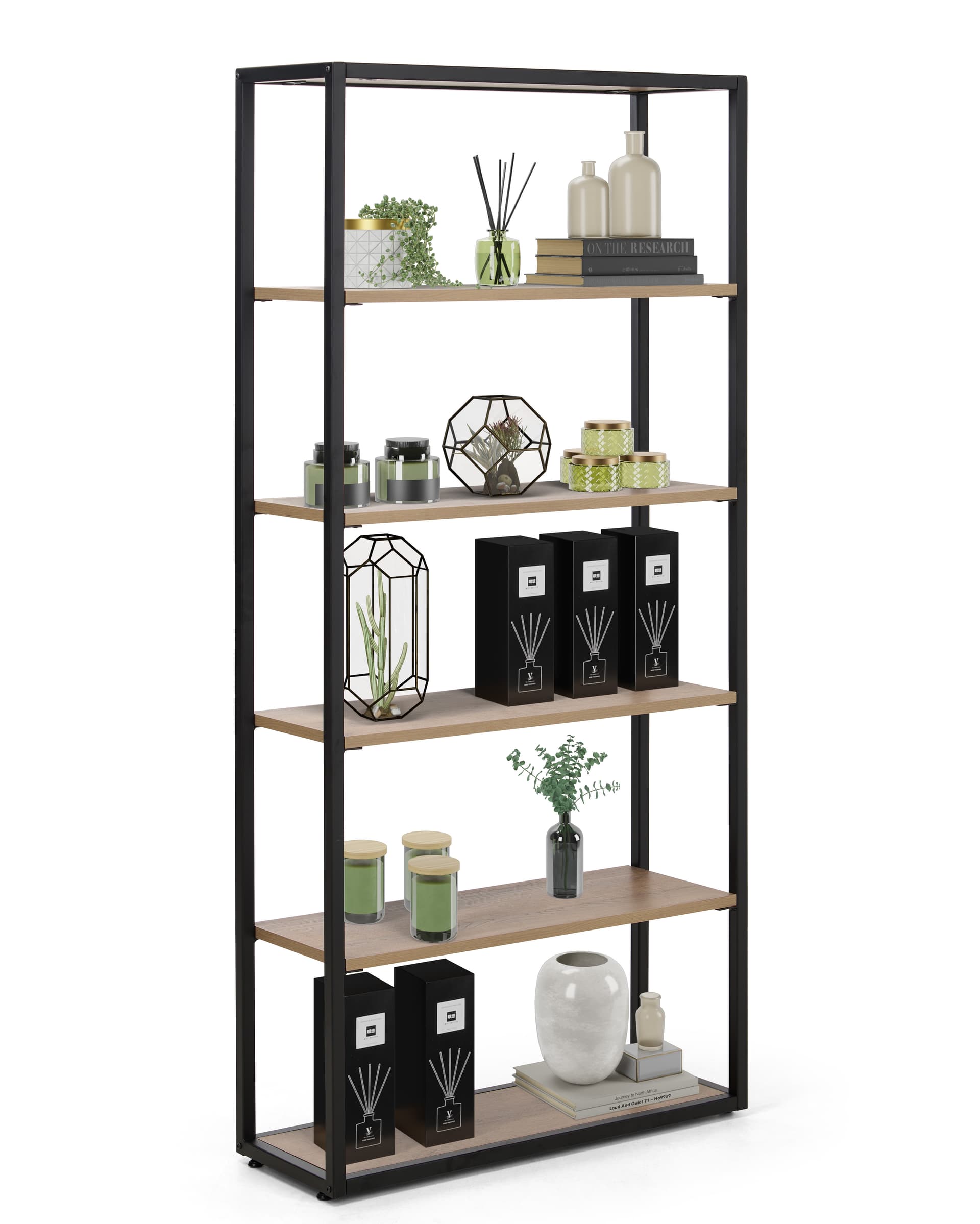 Rustic shelving unit with five shelves