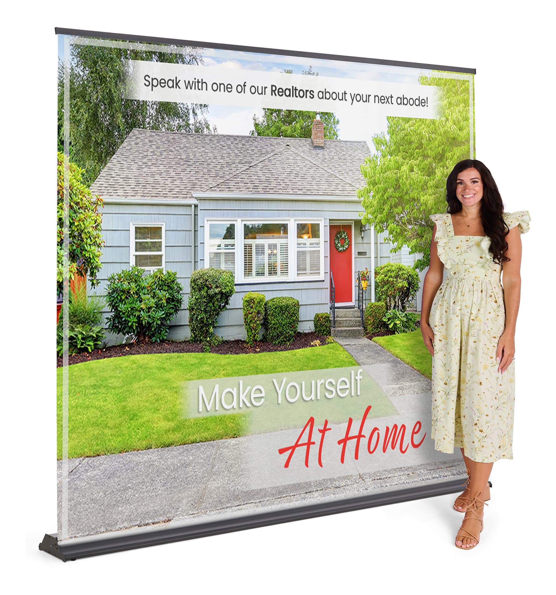 8’W custom printed pull-up backdrop with full color artwork