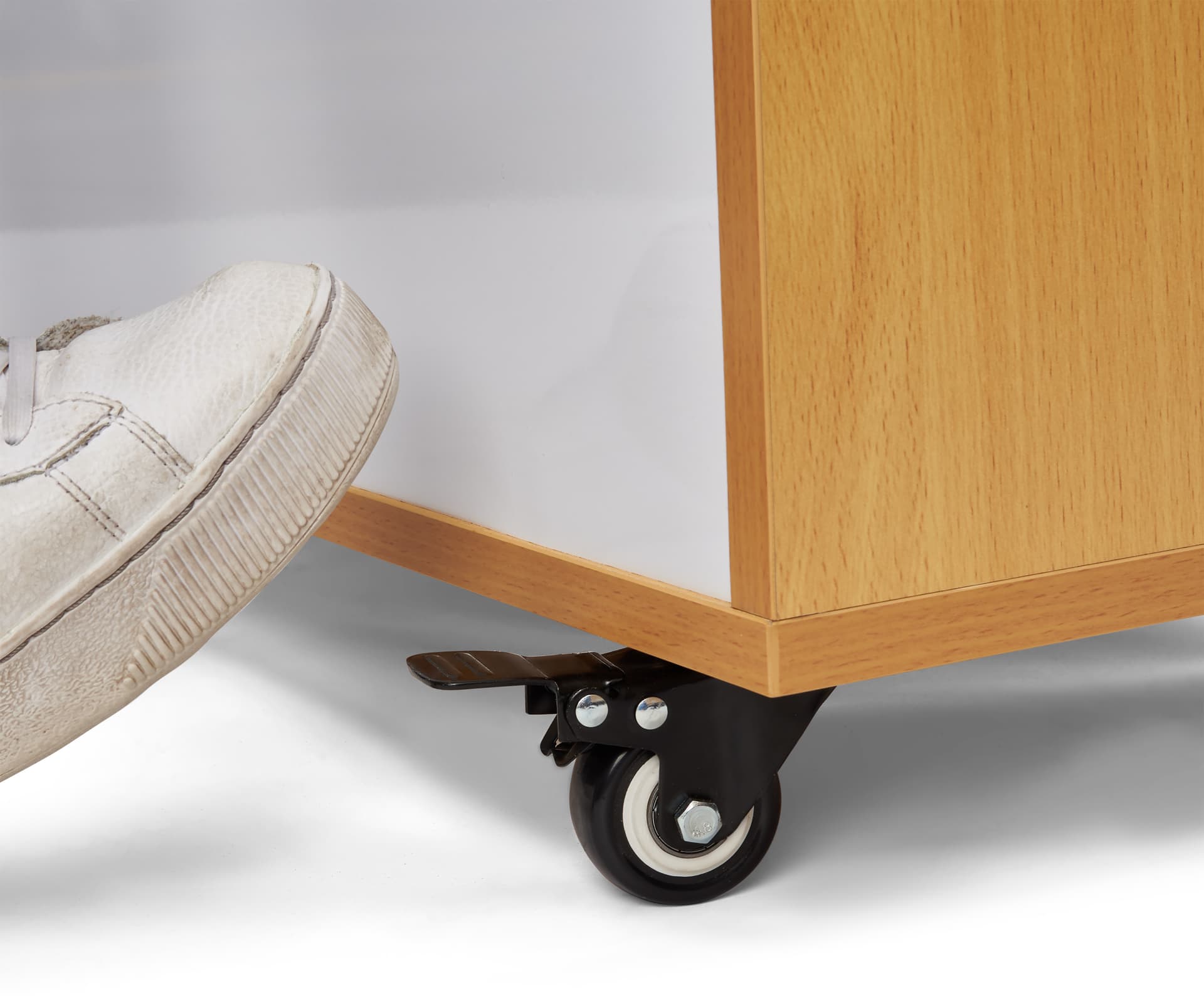Mobile cubby storage unit with whiteboard back and four locking casters