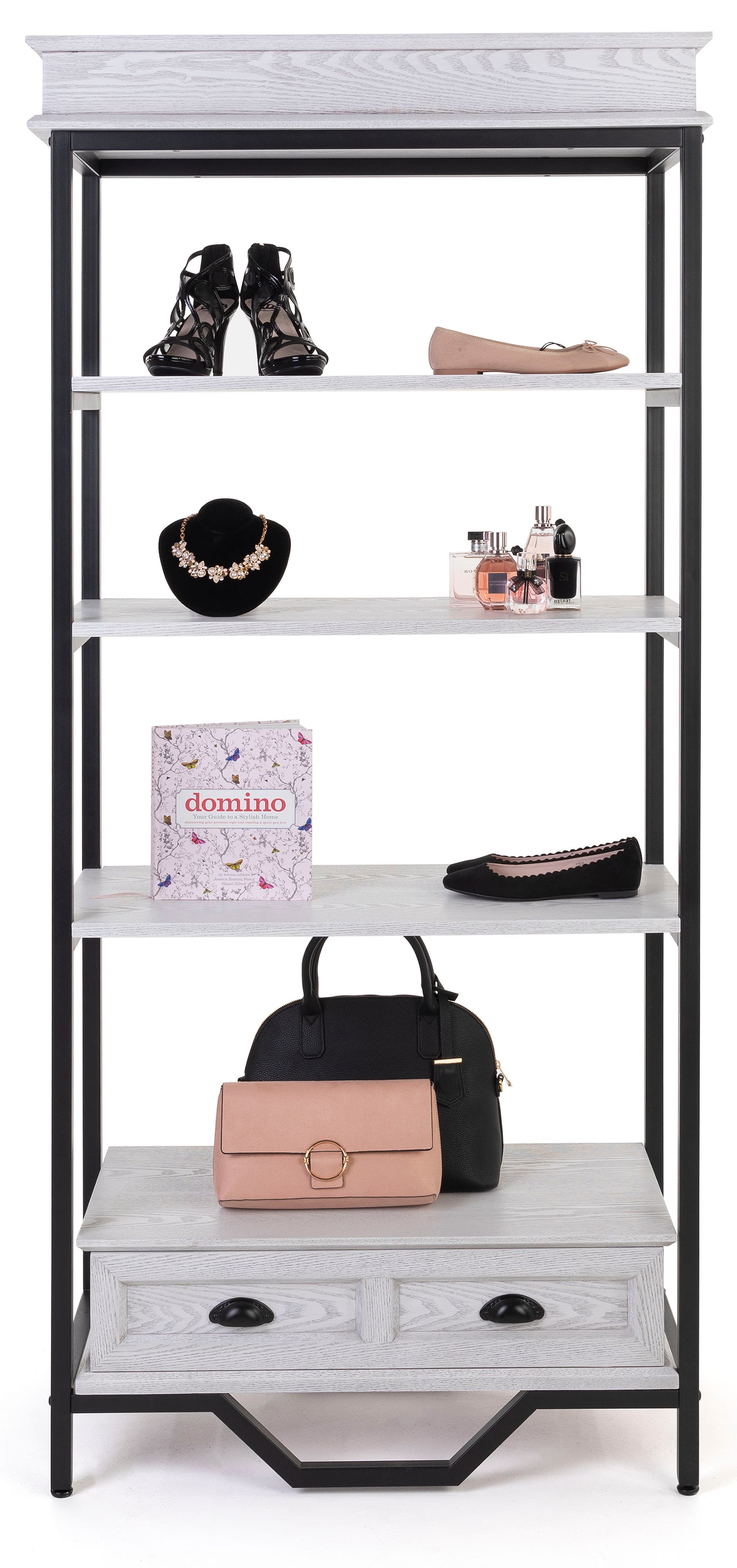 French country etagere shelving has a weight capacity of 110 pounds per shelf