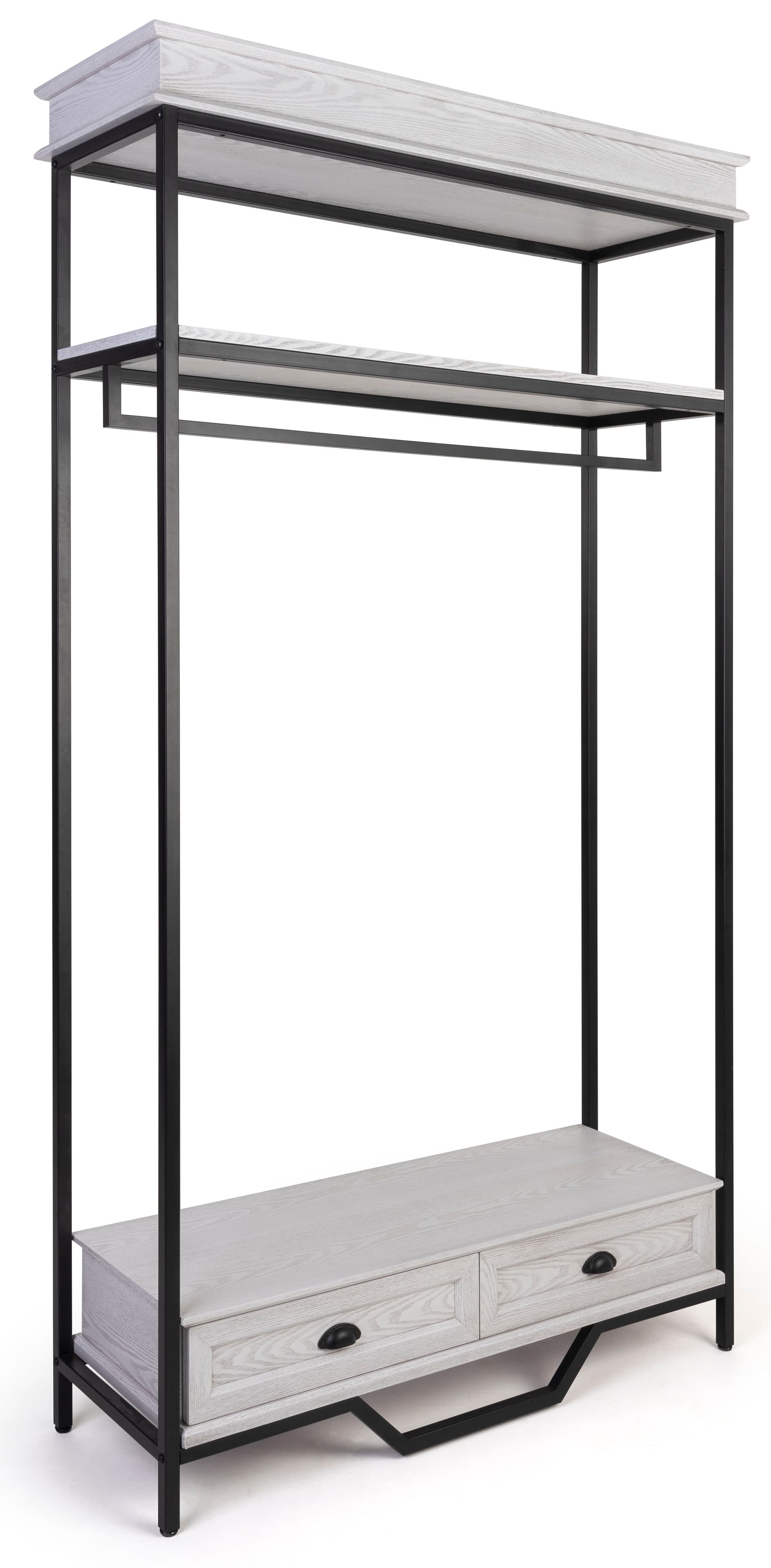 Farmhouse industrial clothing rack with black powder coated frame