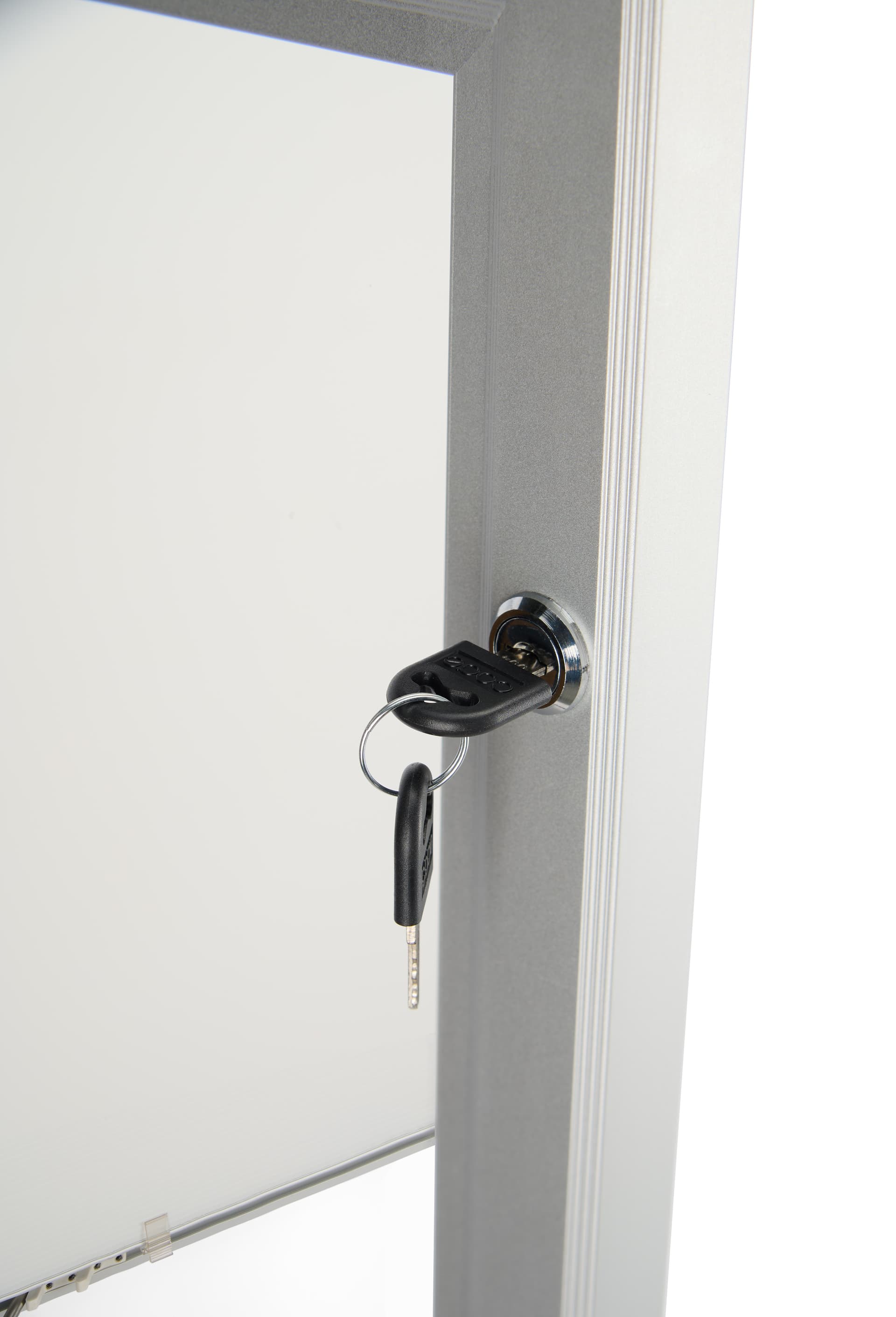 Locking poster board with swing open design