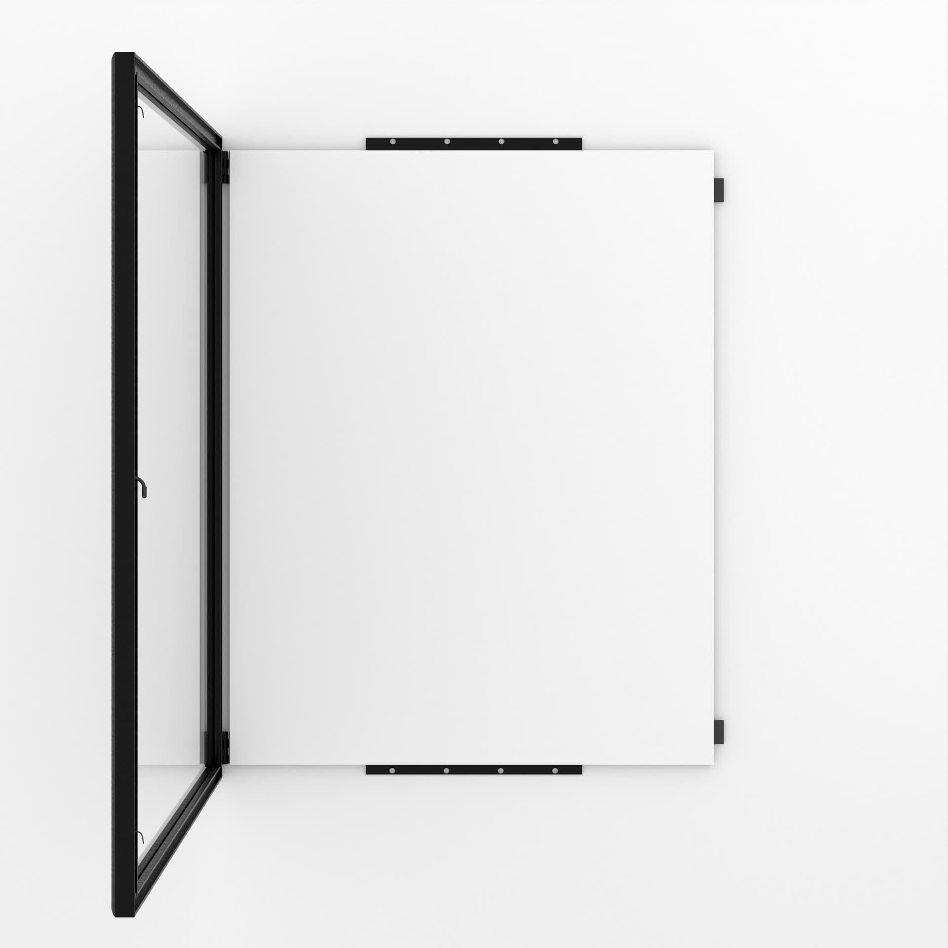 Black poster holder with swing open door