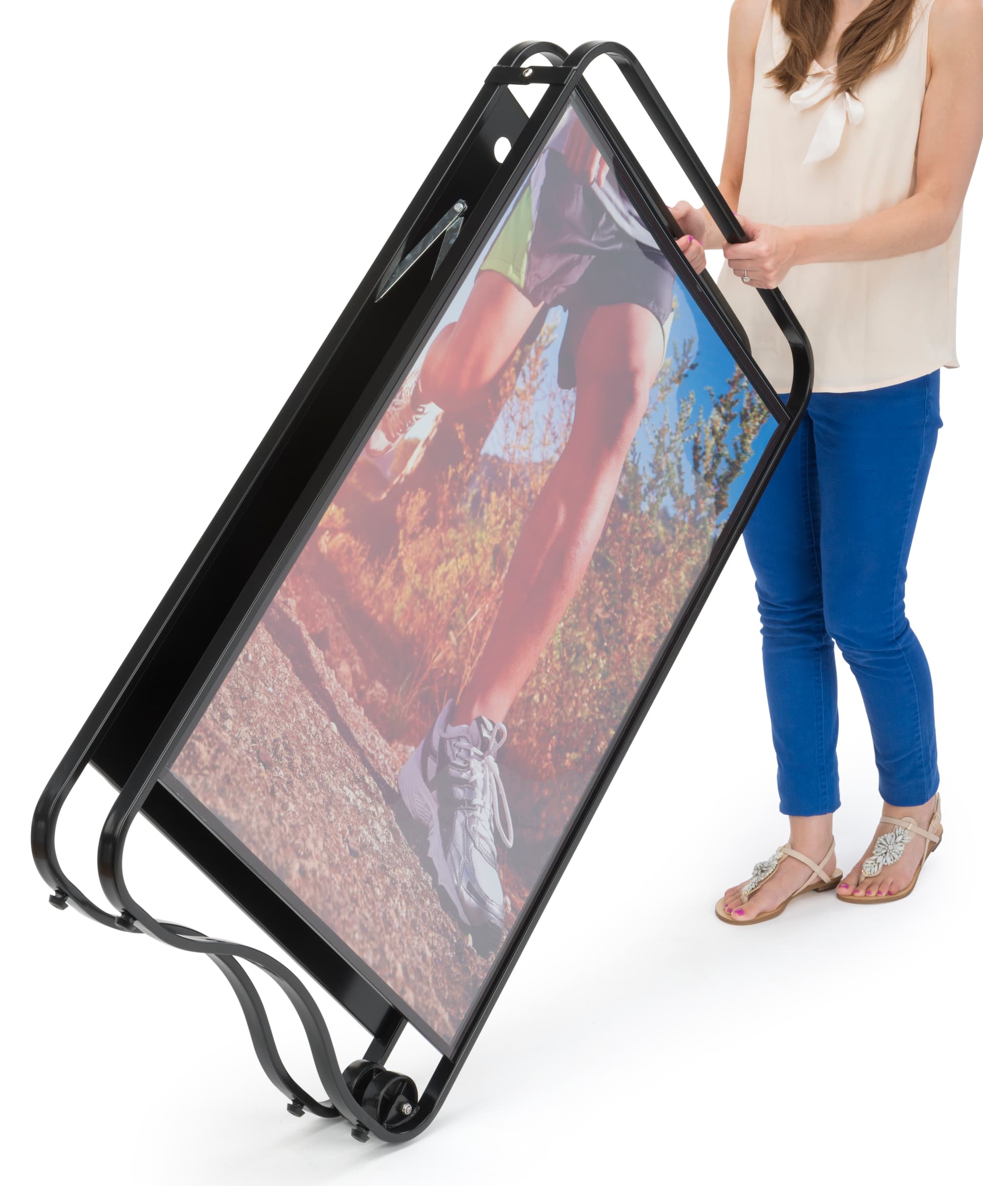 Chalkboard Display Fixture Sandwich Board with Tilt and Roll Design