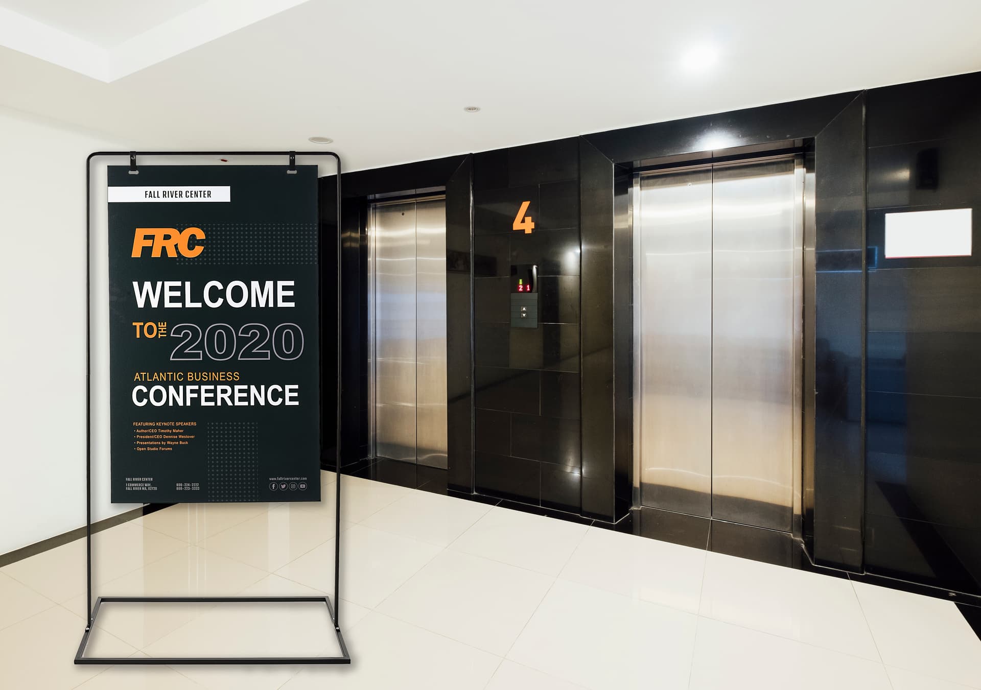 Minimal hanging signage stand with 28 inch by 48 inch graphics