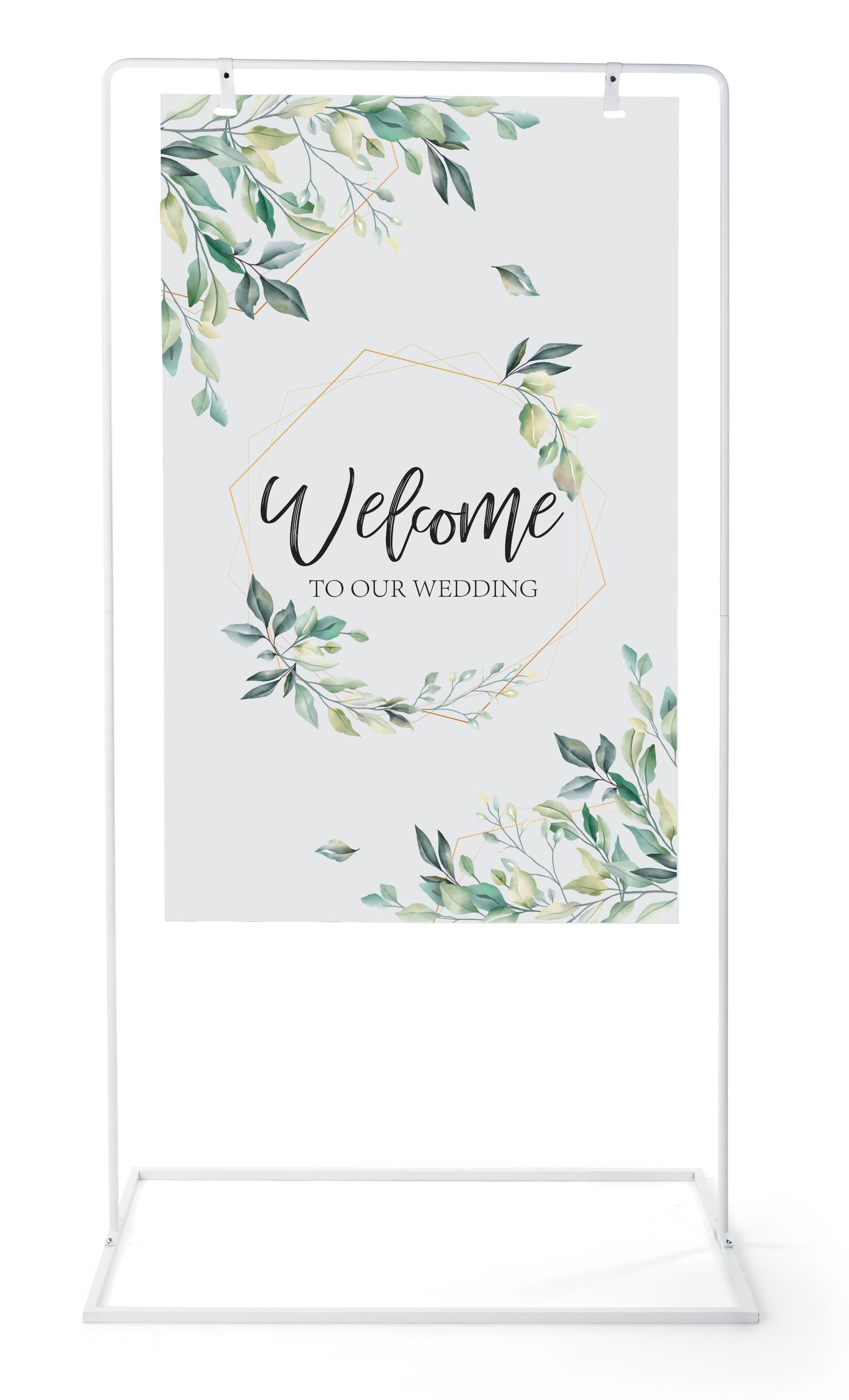 Minimalist white freestanding signage with 28 inch by 48 inch single sided graphic