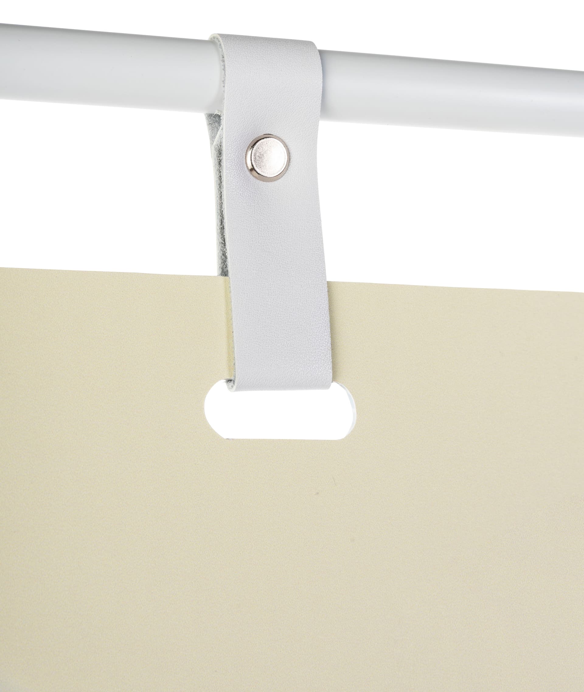 Minimalist white freestanding signage with faux white leather straps