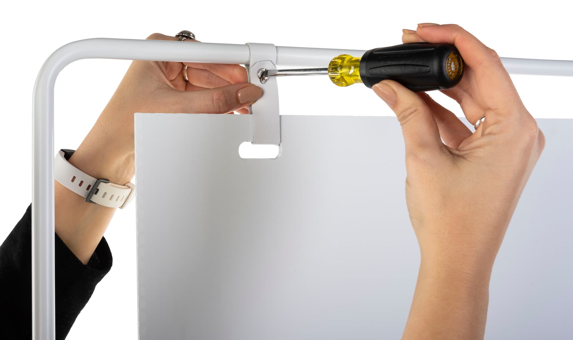 Minimalist white freestanding signage with easy screwing mechanism to secure graphics