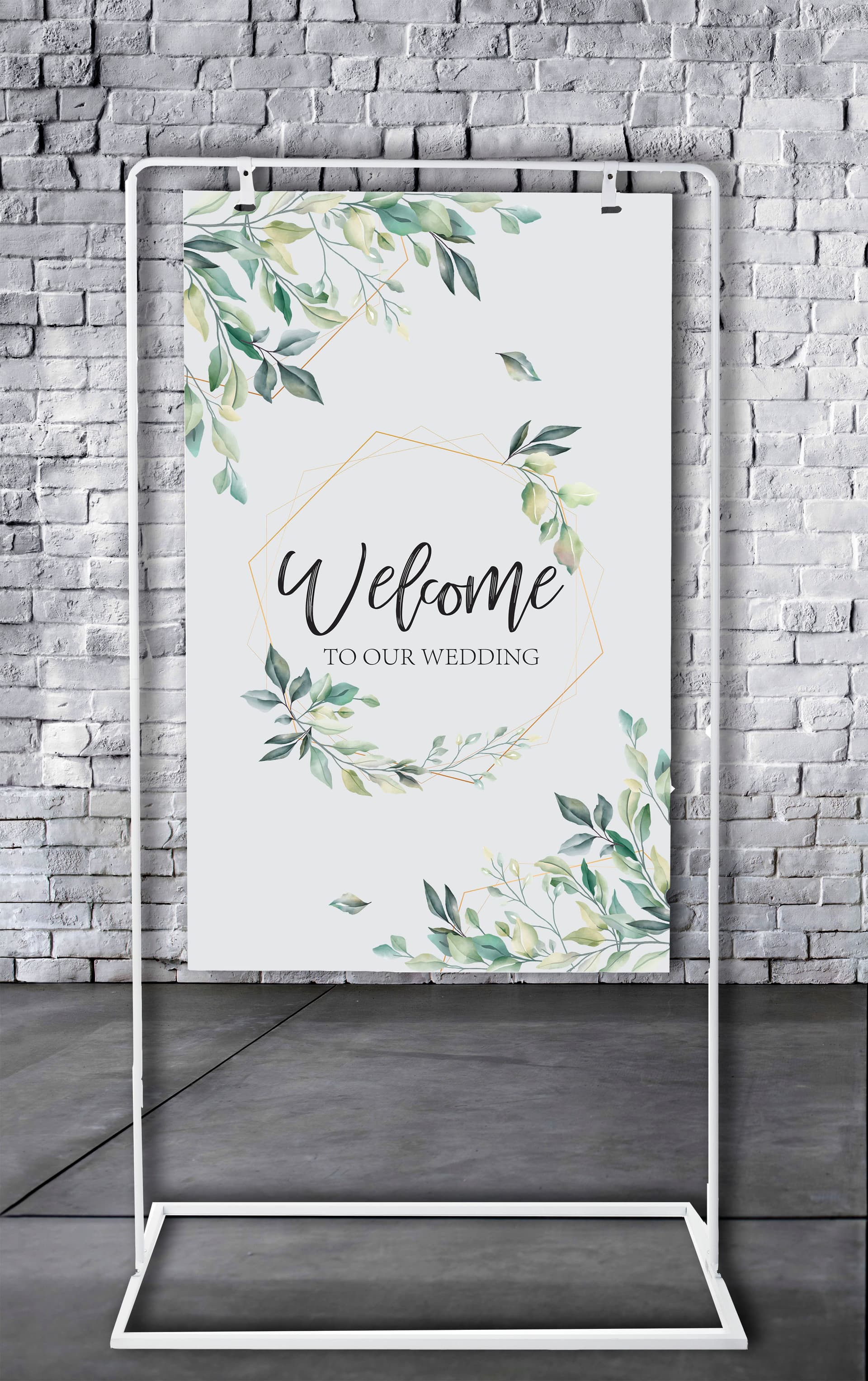 Minimalist white freestanding signage with max weight capacity of 5 pounds