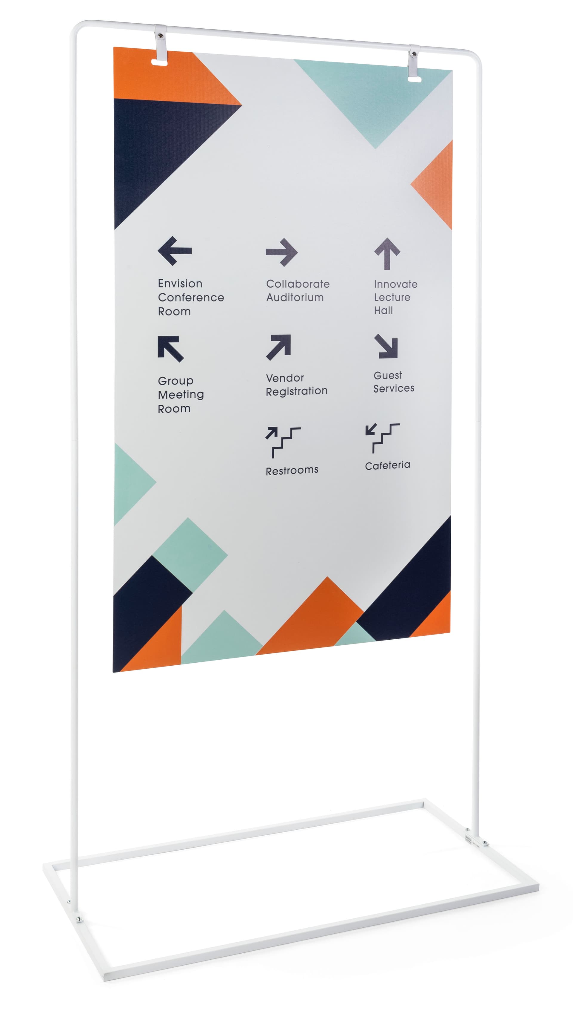 Minimalist white signage stand with UV digital printing
