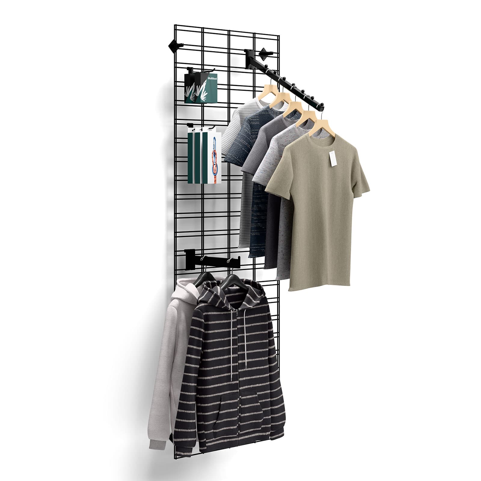 Slatgrid panel propped with hanging hooks and garments