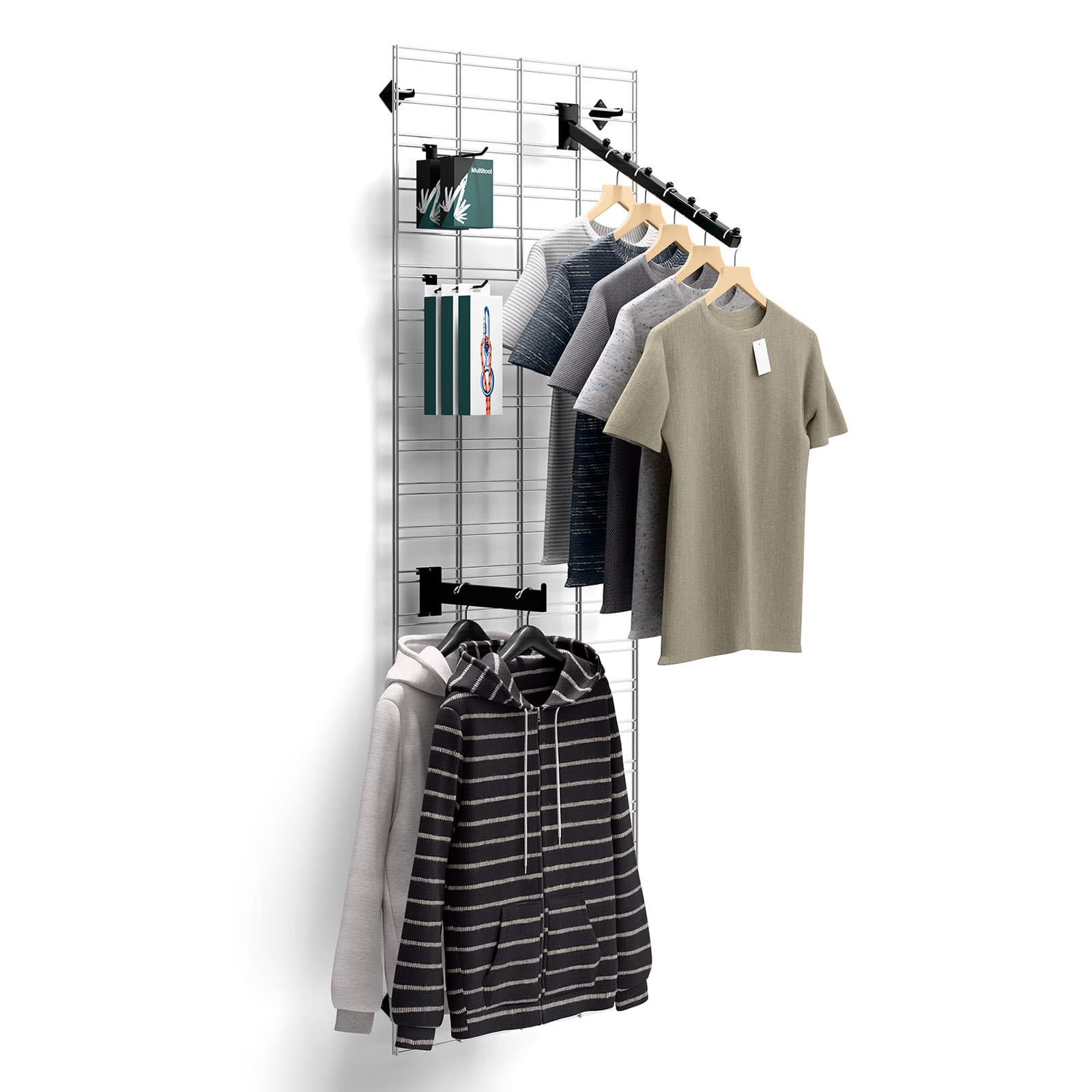 Slatgrid panel in chrome displays clothes, accessories, and more