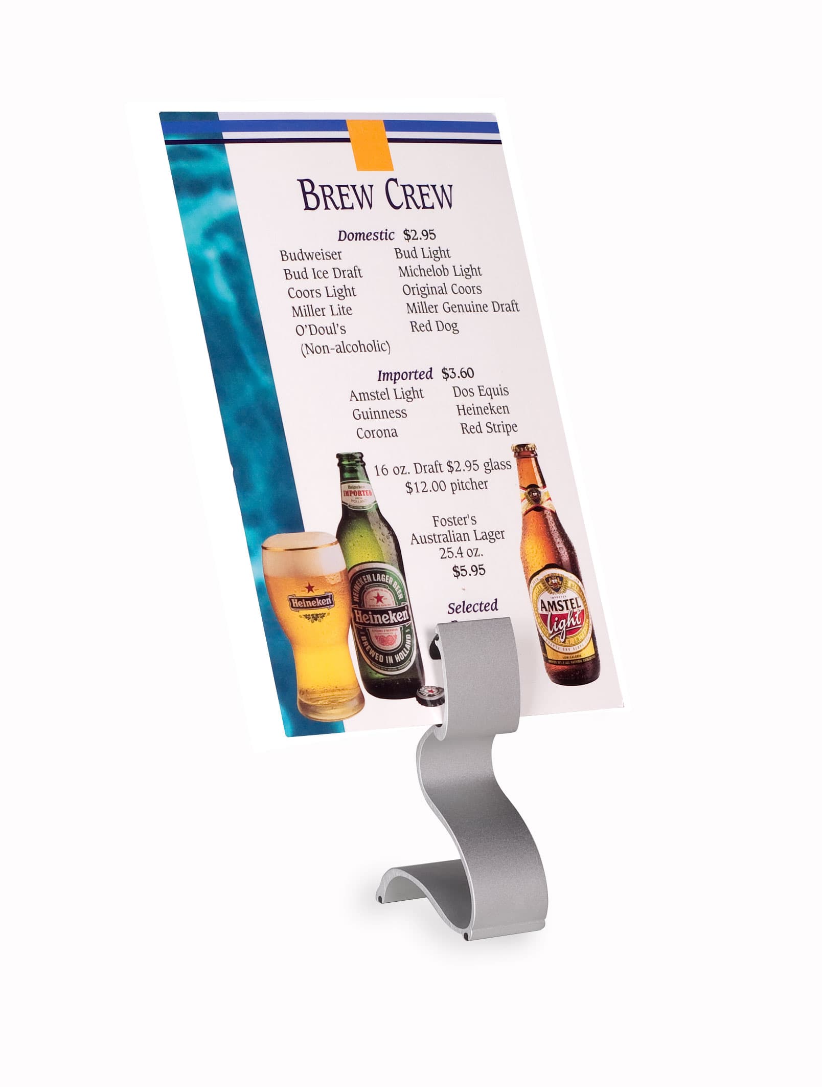 Brushed Silver Tabletop Menu Holder - Curved Pedestal Design | Displays2Go