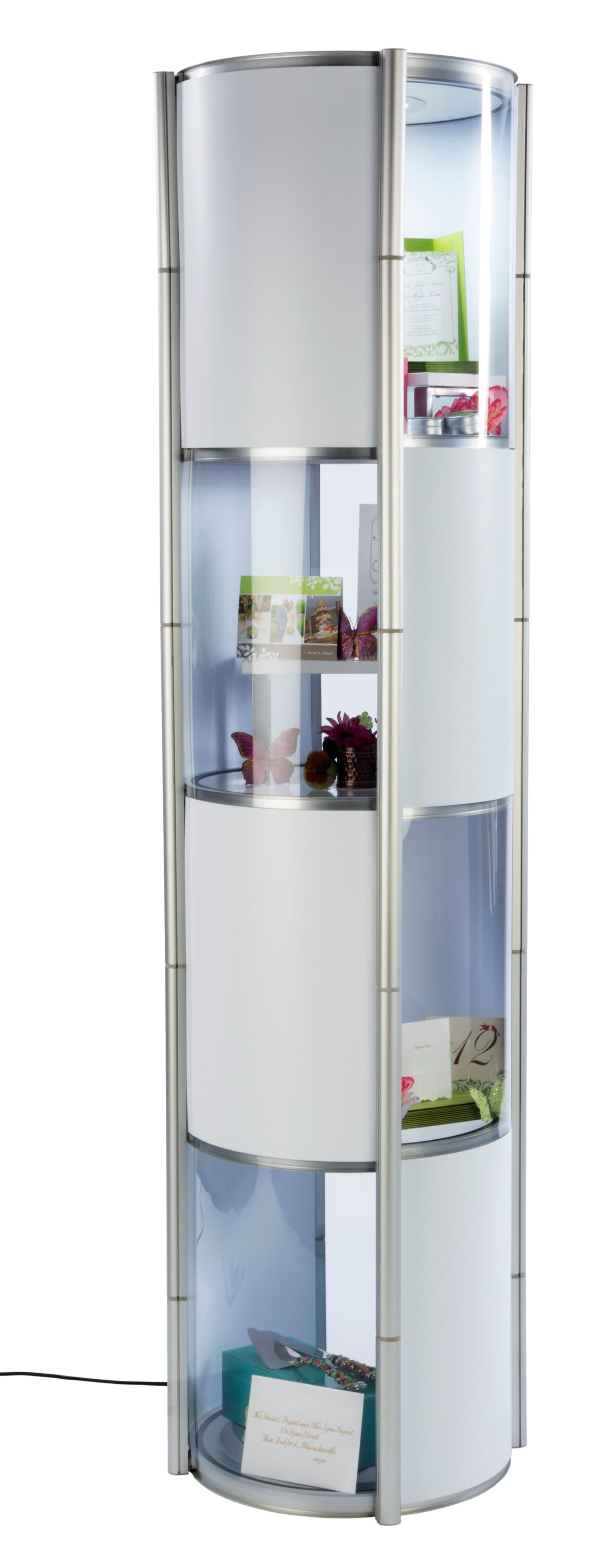 Round pirouet collapsible showcase with white and clear panels