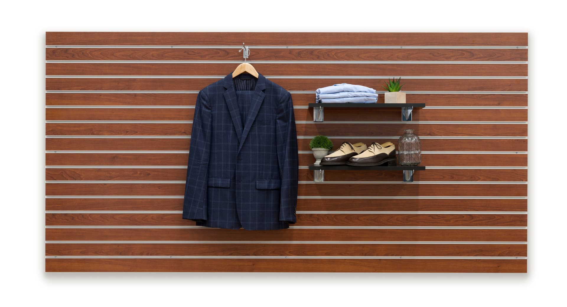 Cherry Finish Large Slotted Wall Board Panel with Professional Clothing Hanging and on Shelves