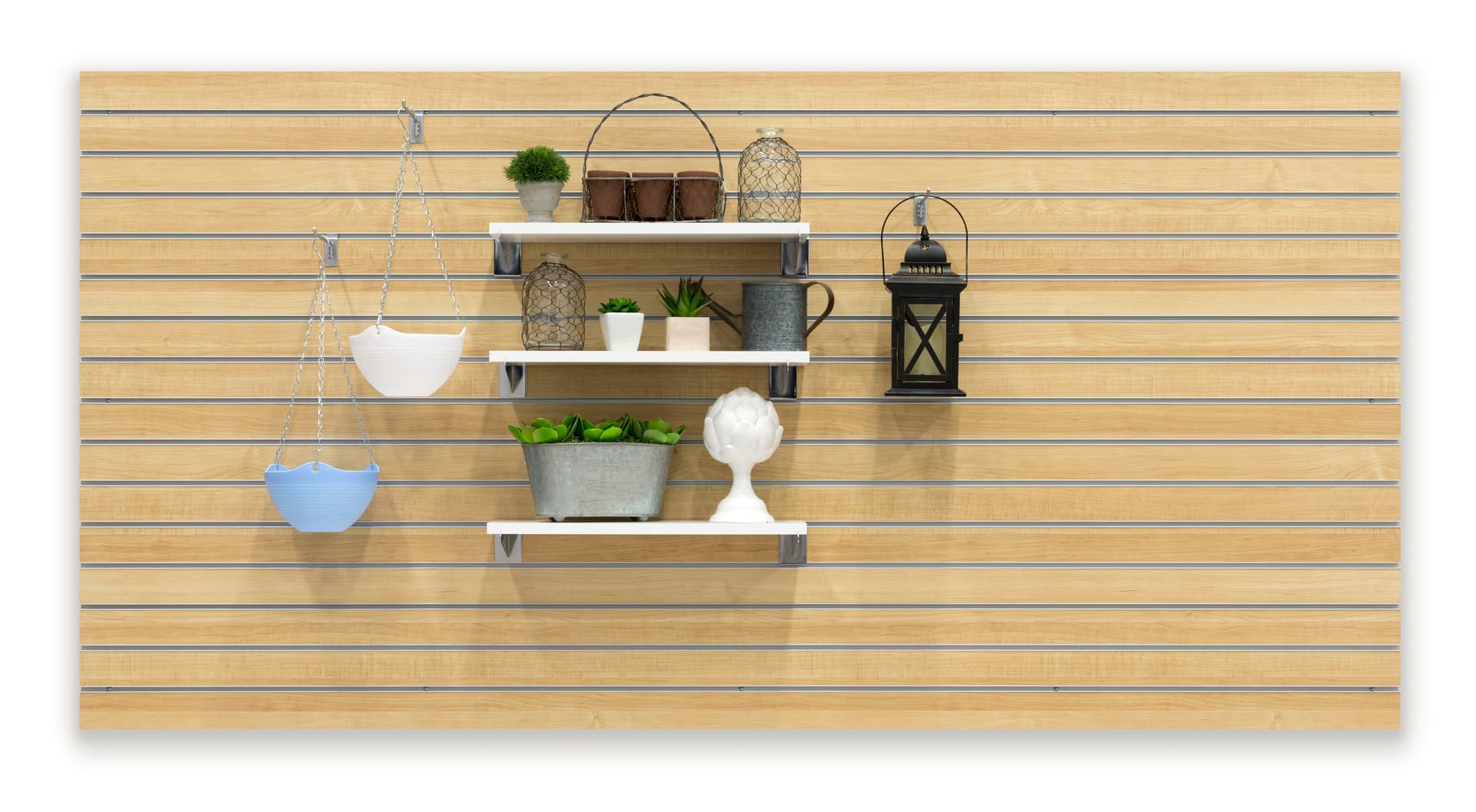 Large Maple Slot Wall Panel Board Propped with Plants and Lanterns